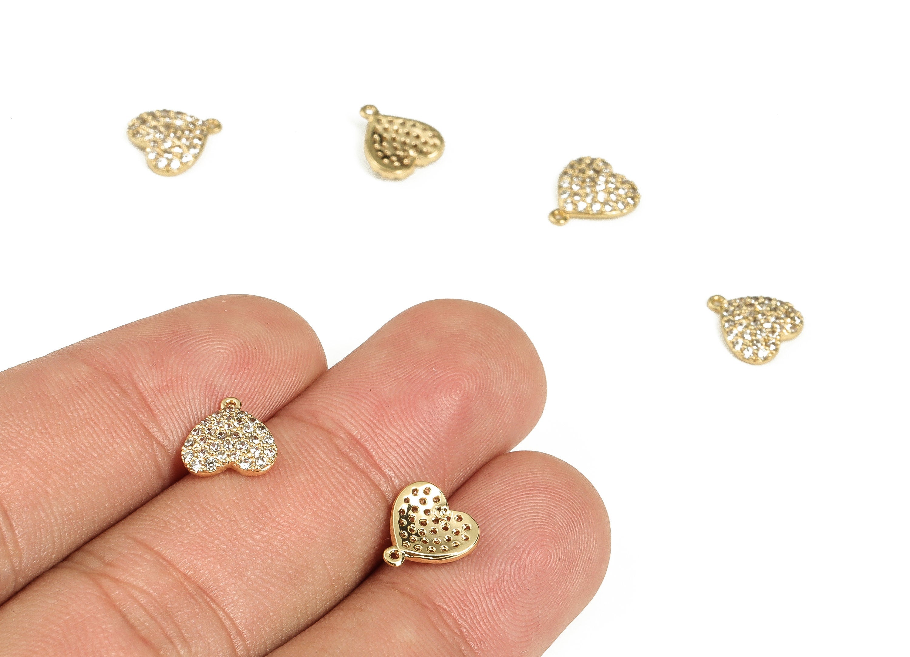 Brass Heart Earring Charms With Zircons - Gold Heart Pendant - 18K Real Gold Plated Brass - Jewelry Making Supplies - 9.37x8.6x2mm - RGP3457 - DOMEDBAZAAR