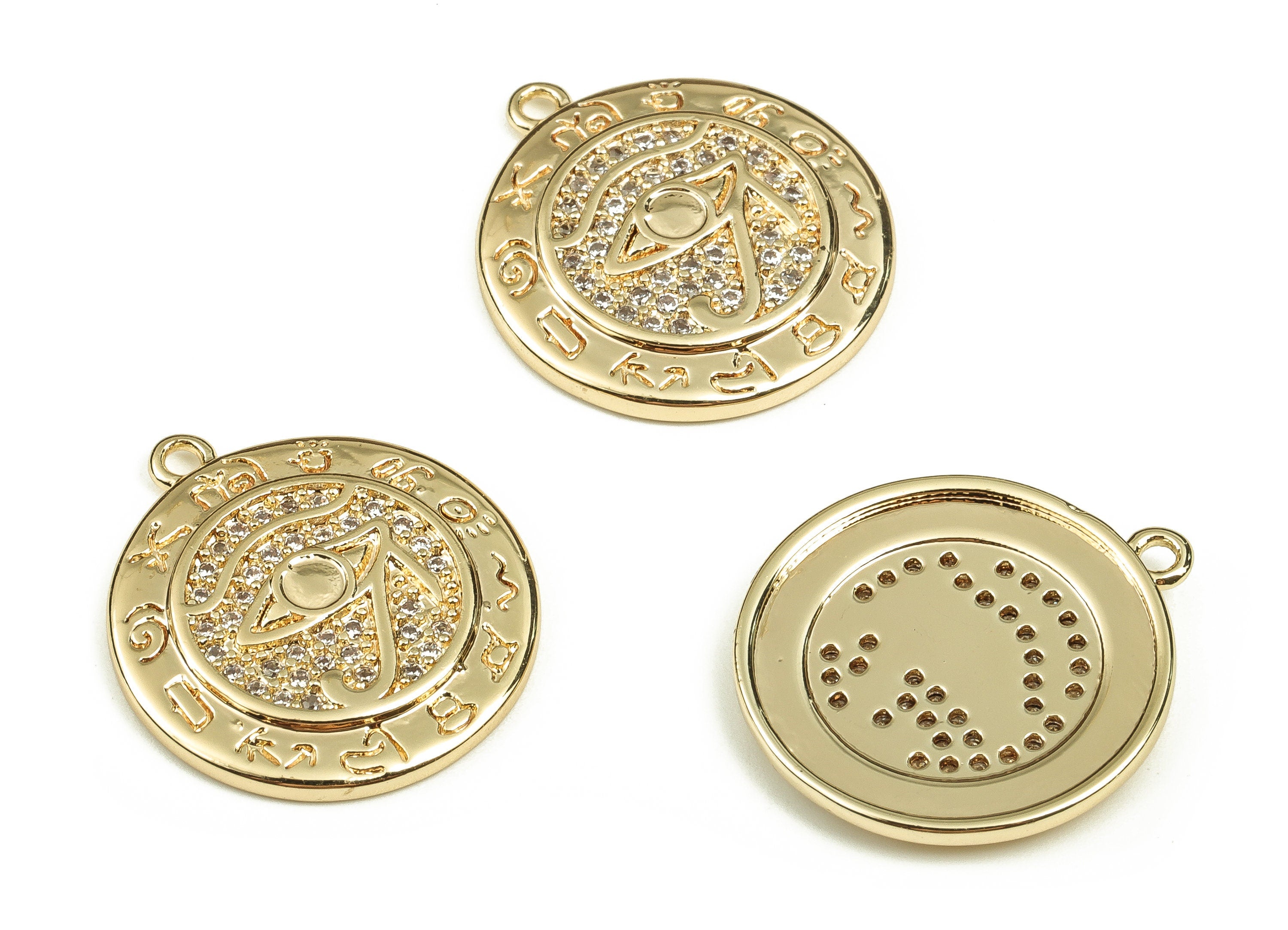 Brass Round Earring Charms With Zircons - Gold Eye Pendant - 18K Real Gold Plated Brass - Jewelry Supplies - 19.93x17.9x2.14mm - RGP3717 - DOMEDBAZAAR