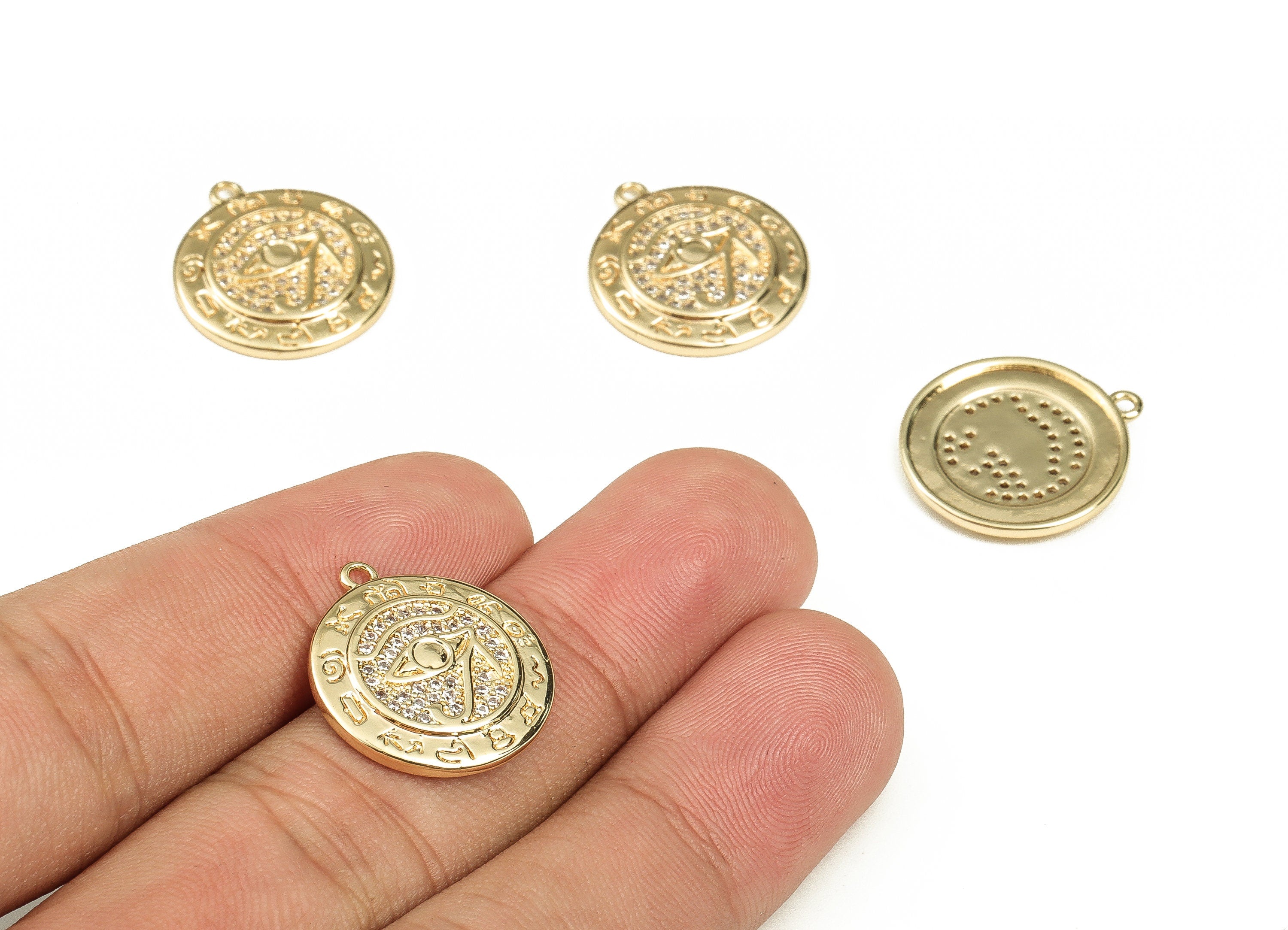 Brass Round Earring Charms With Zircons - Gold Eye Pendant - 18K Real Gold Plated Brass - Jewelry Supplies - 19.93x17.9x2.14mm - RGP3717 - DOMEDBAZAAR
