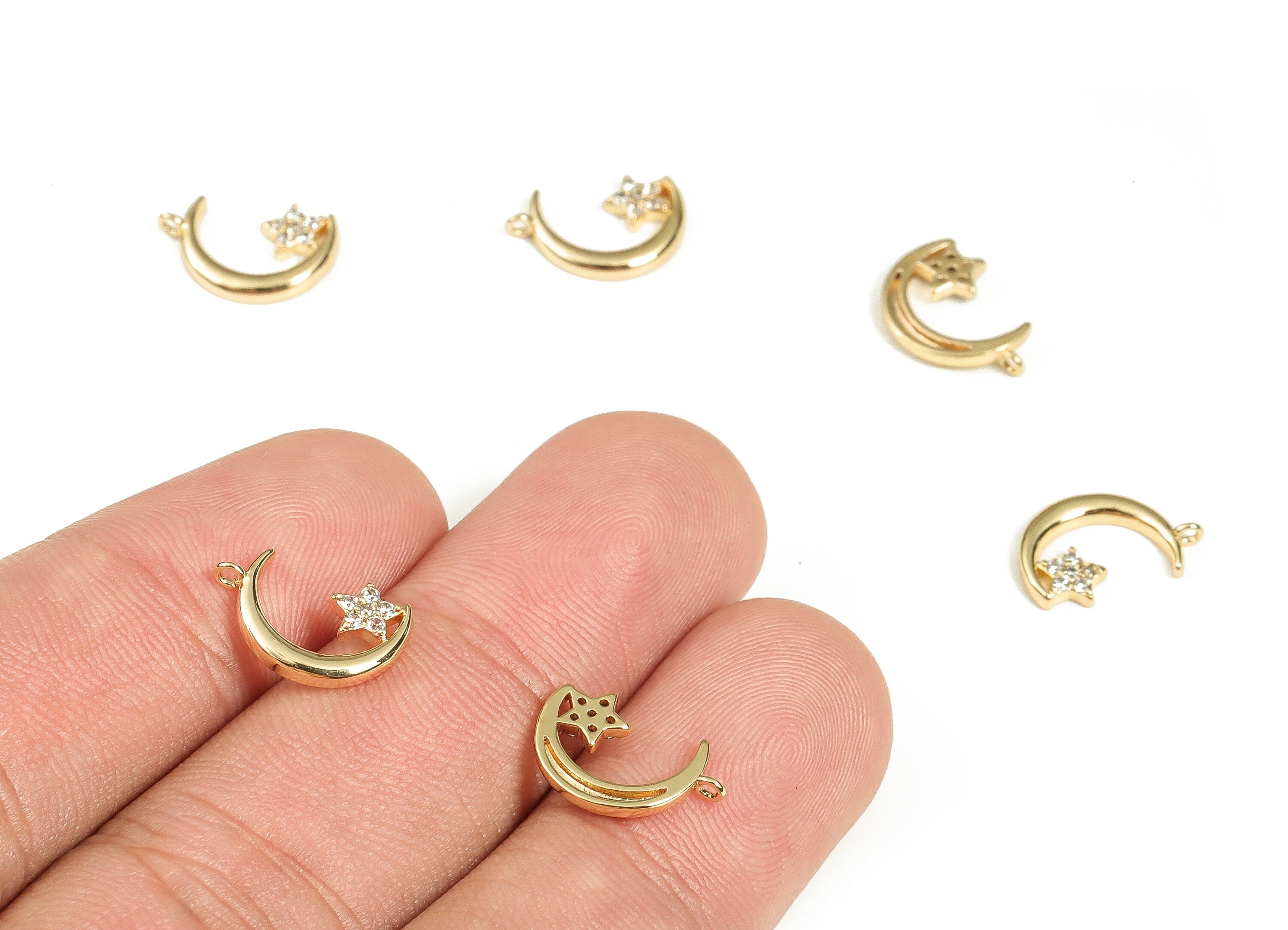 Brass Crescent Earring Charms With Zircons - Gold Moon Pendant - 18K Real Gold Plated Brass - Jewelry Supplies - 13x8.7x1.6mm - RGP3480 - DOMEDBAZAAR
