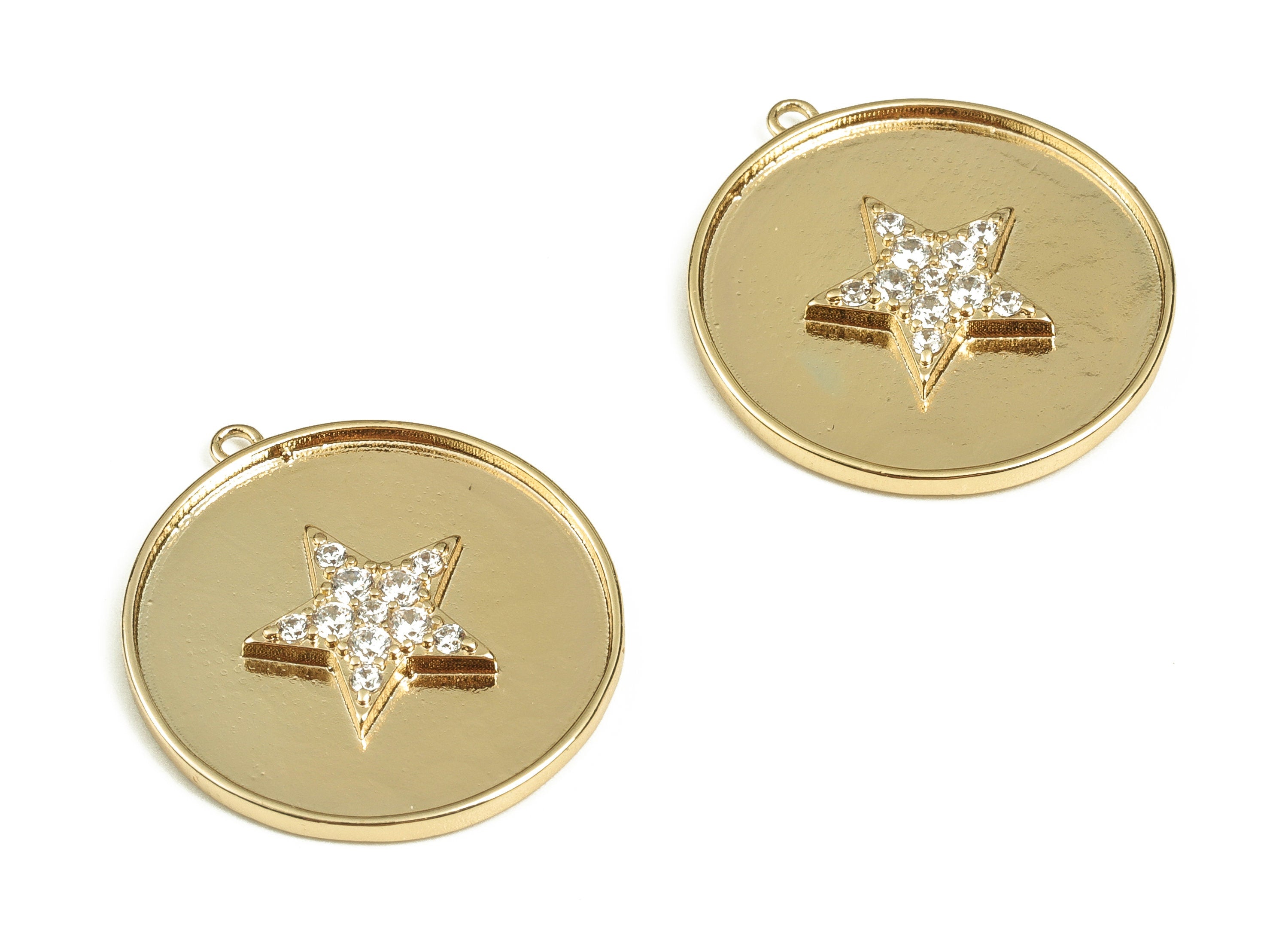 Brass Round Earring Charms With Zircons - Gold Star Pendant - 18K Real Gold Plated Brass - Jewelry Supplies - 24.76x22.73x2.59mm - RGP3906 - DOMEDBAZAAR
