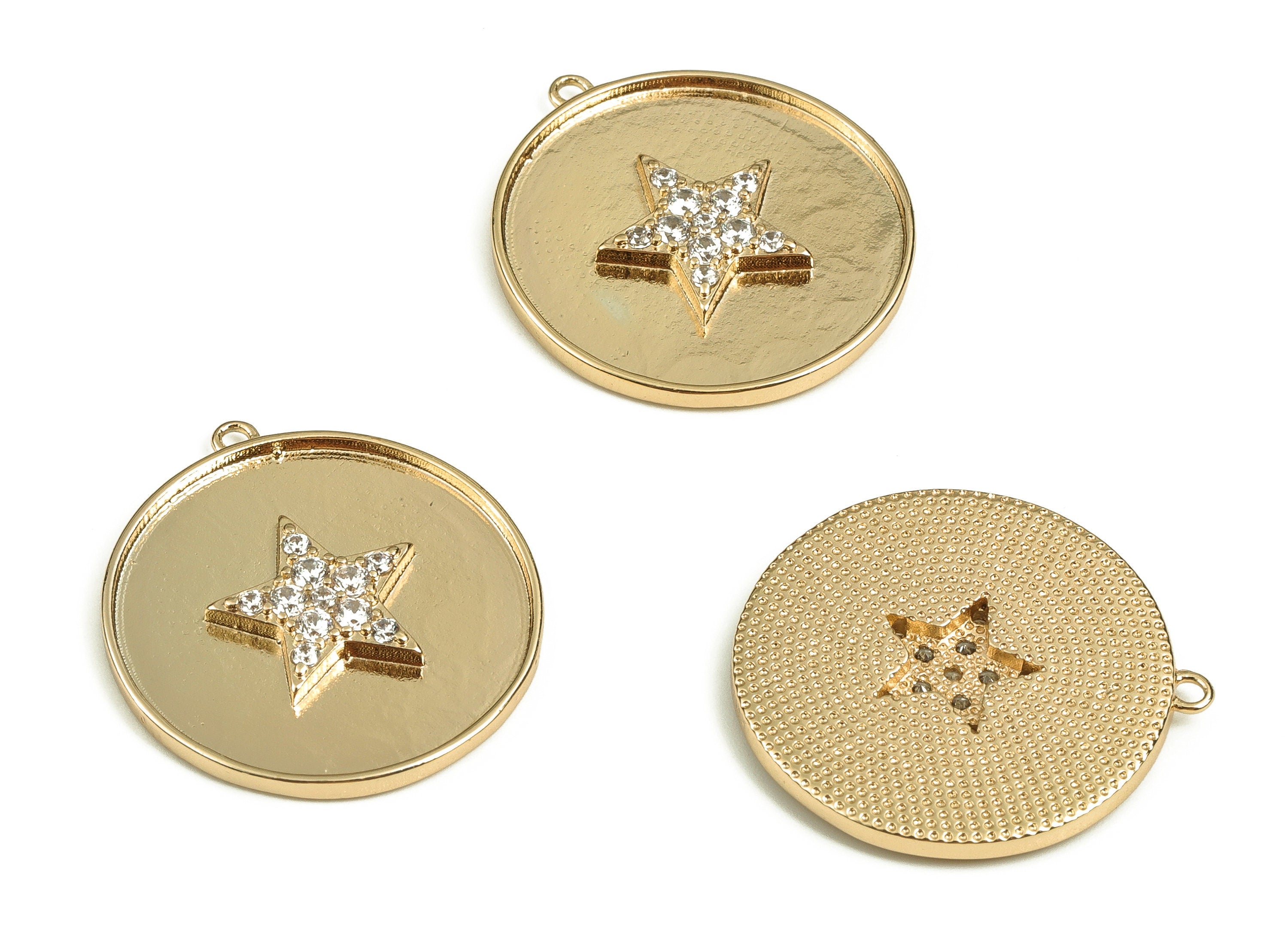 Brass Round Earring Charms With Zircons - Gold Star Pendant - 18K Real Gold Plated Brass - Jewelry Supplies - 24.76x22.73x2.59mm - RGP3906 - DOMEDBAZAAR