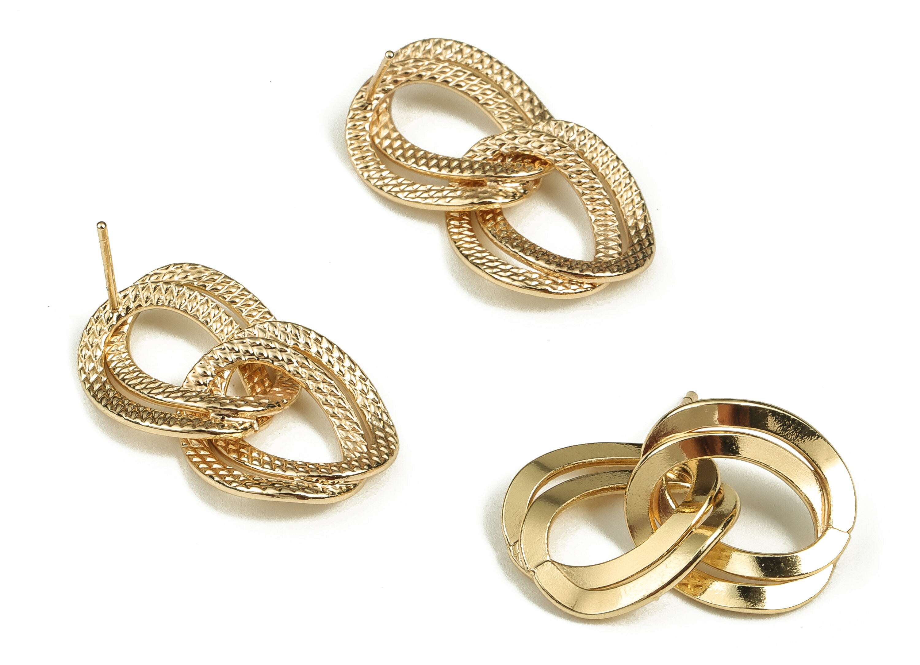 Brass Texture Oval Earring Post - Gold Plated Oval Stud Earring - 18K Real Gold Plated Brass - Stainless Steel Stud -28x16.5x1.25mm- RGP3514 - DOMEDBAZAAR