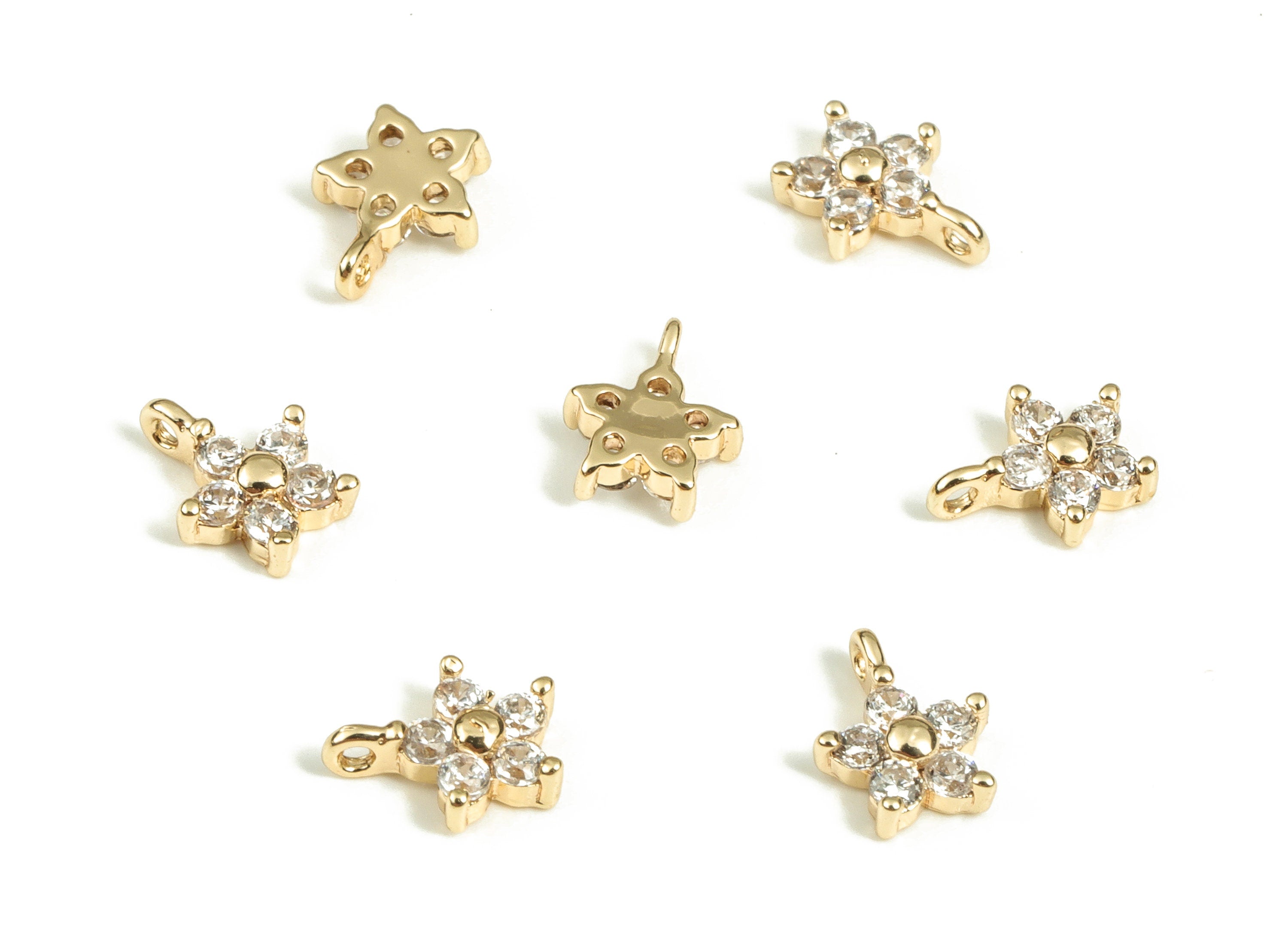 Brass Flowers Earring Charms With Zircons - Gold Flowers Pendant - 18K Real Gold Plated Brass - Jewelry Supplies - 6.52x4.9x1.88mm - RGP3890 - DOMEDBAZAAR