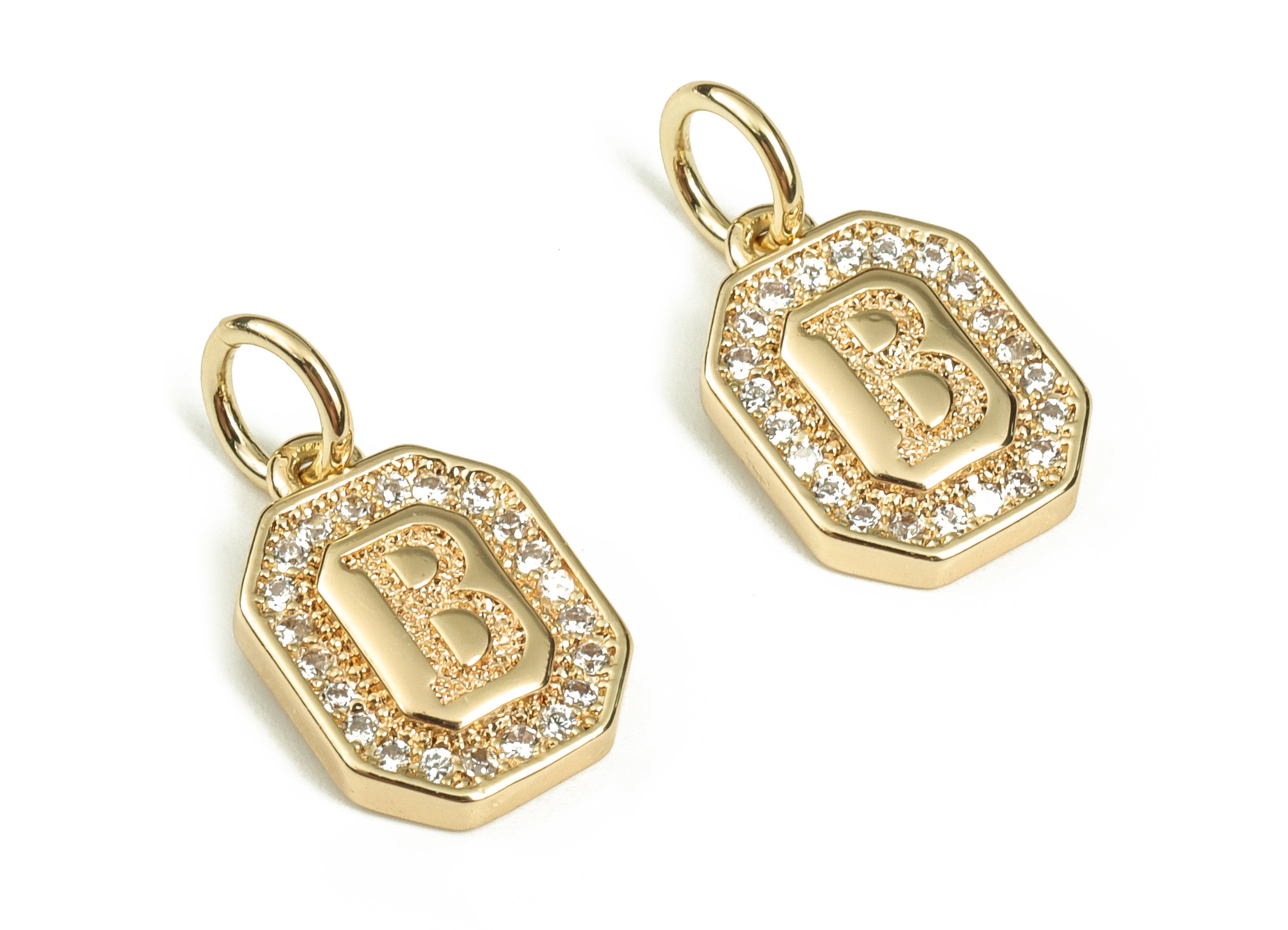 Brass Square Letter B Earring Charms with Zircons – Initial B Gold Alphabet Pendant – 18K Real Gold Plated Brass -12.02x8.33x2.33mm-RGP3595B - DOMEDBAZAAR