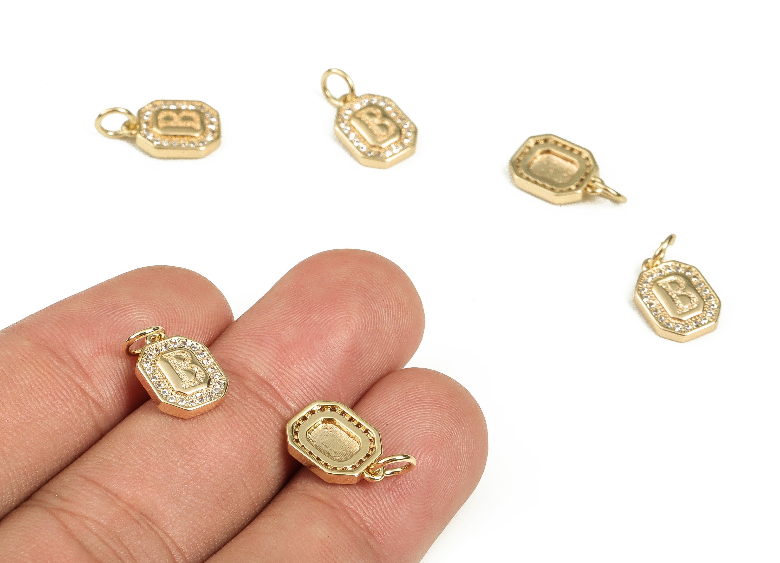 Brass Square Letter B Earring Charms with Zircons – Initial B Gold Alphabet Pendant – 18K Real Gold Plated Brass -12.02x8.33x2.33mm-RGP3595B - DOMEDBAZAAR