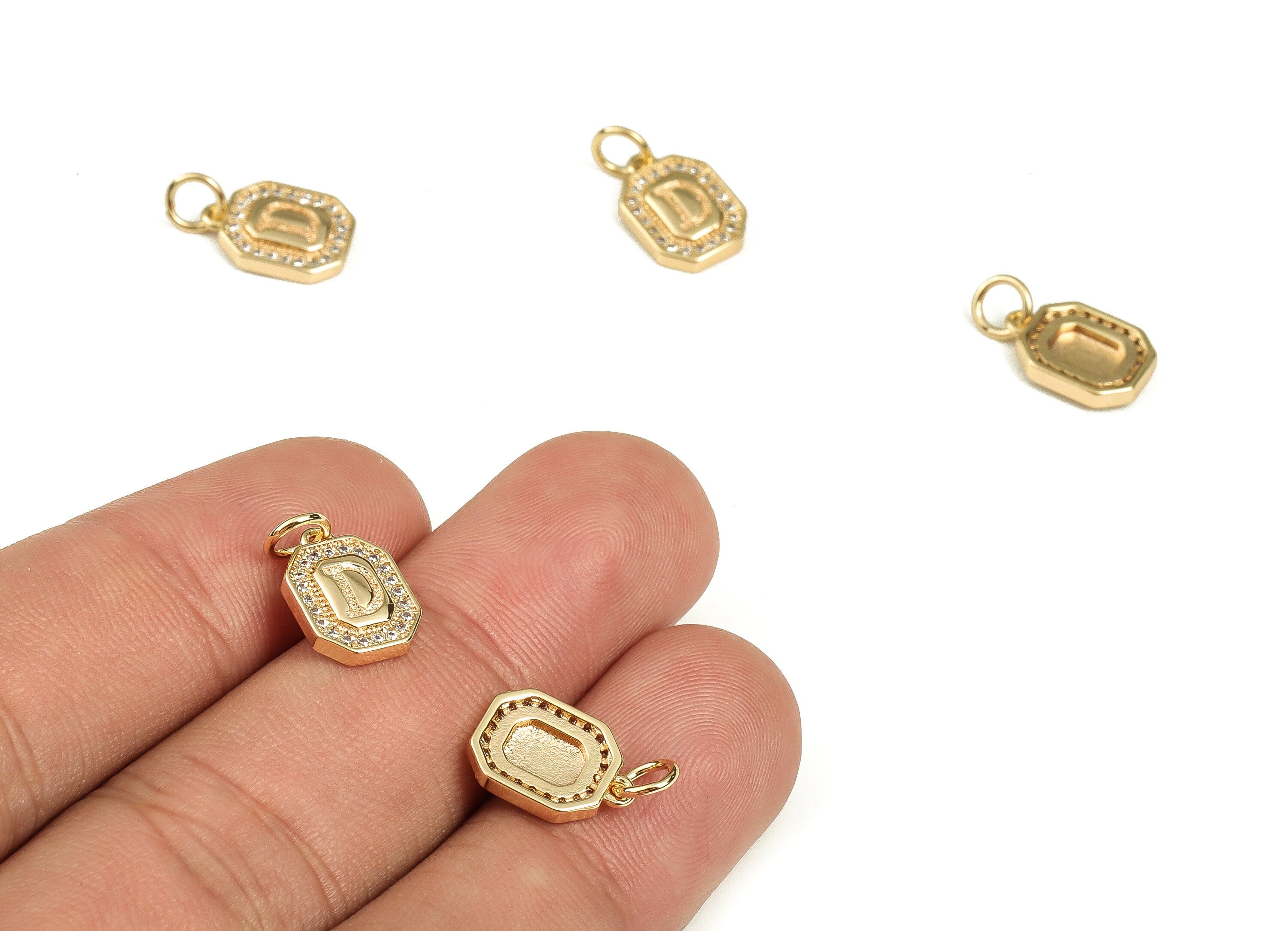 Brass Square Letter D Earring Charms with Zircons – Initial D Gold Alphabet Pendant – 18K Real Gold Plated Brass-12.29x8.45x2.23mm- RGP3595D - DOMEDBAZAAR