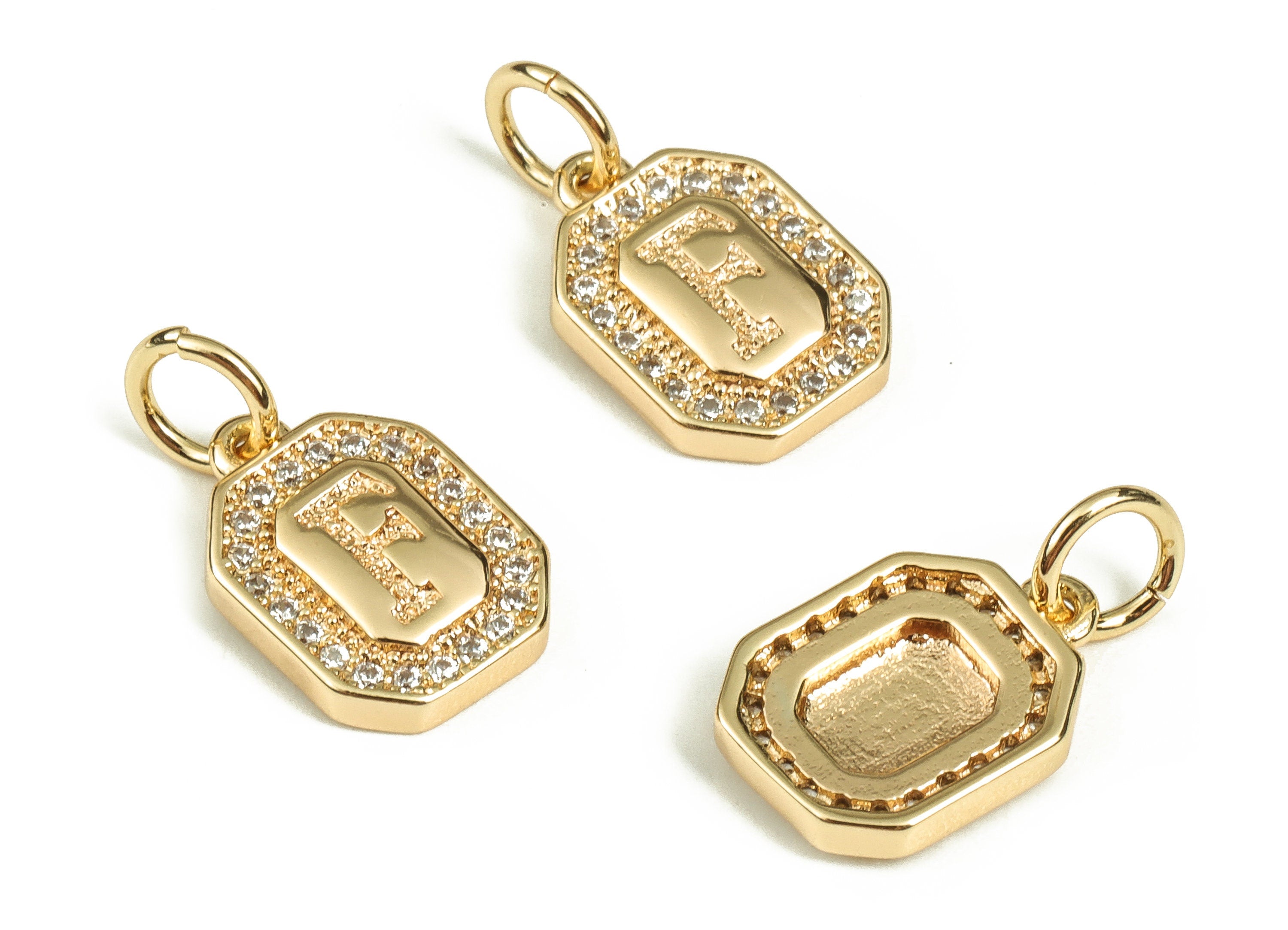 Brass Square Letter F Earring Charms with Zircons – Initial F Gold Alphabet Pendant – 18K Real Gold Plated Brass -12.08x8.47x2.36mm-RGP3595F - DOMEDBAZAAR