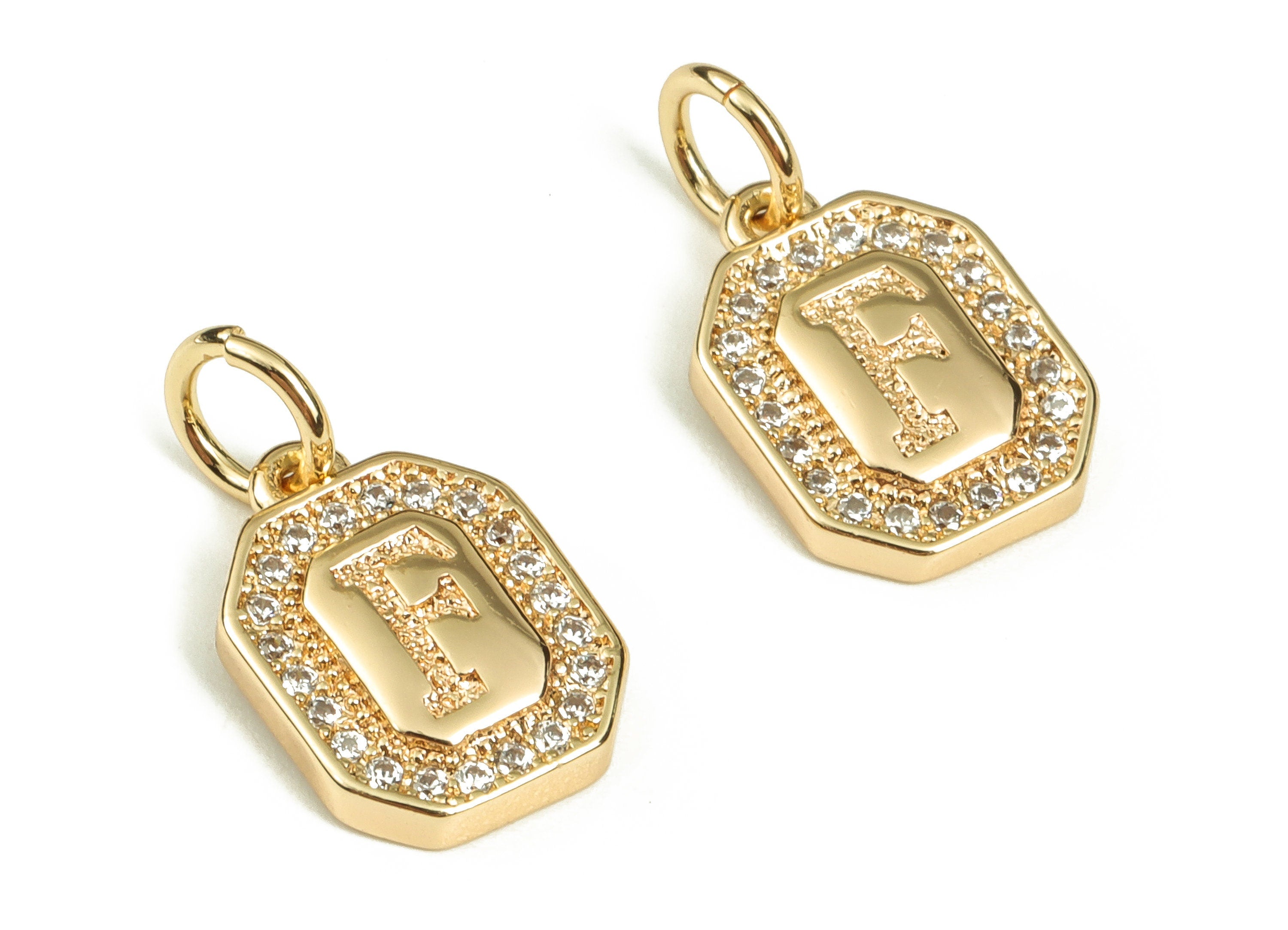 Brass Square Letter F Earring Charms with Zircons – Initial F Gold Alphabet Pendant – 18K Real Gold Plated Brass -12.08x8.47x2.36mm-RGP3595F - DOMEDBAZAAR