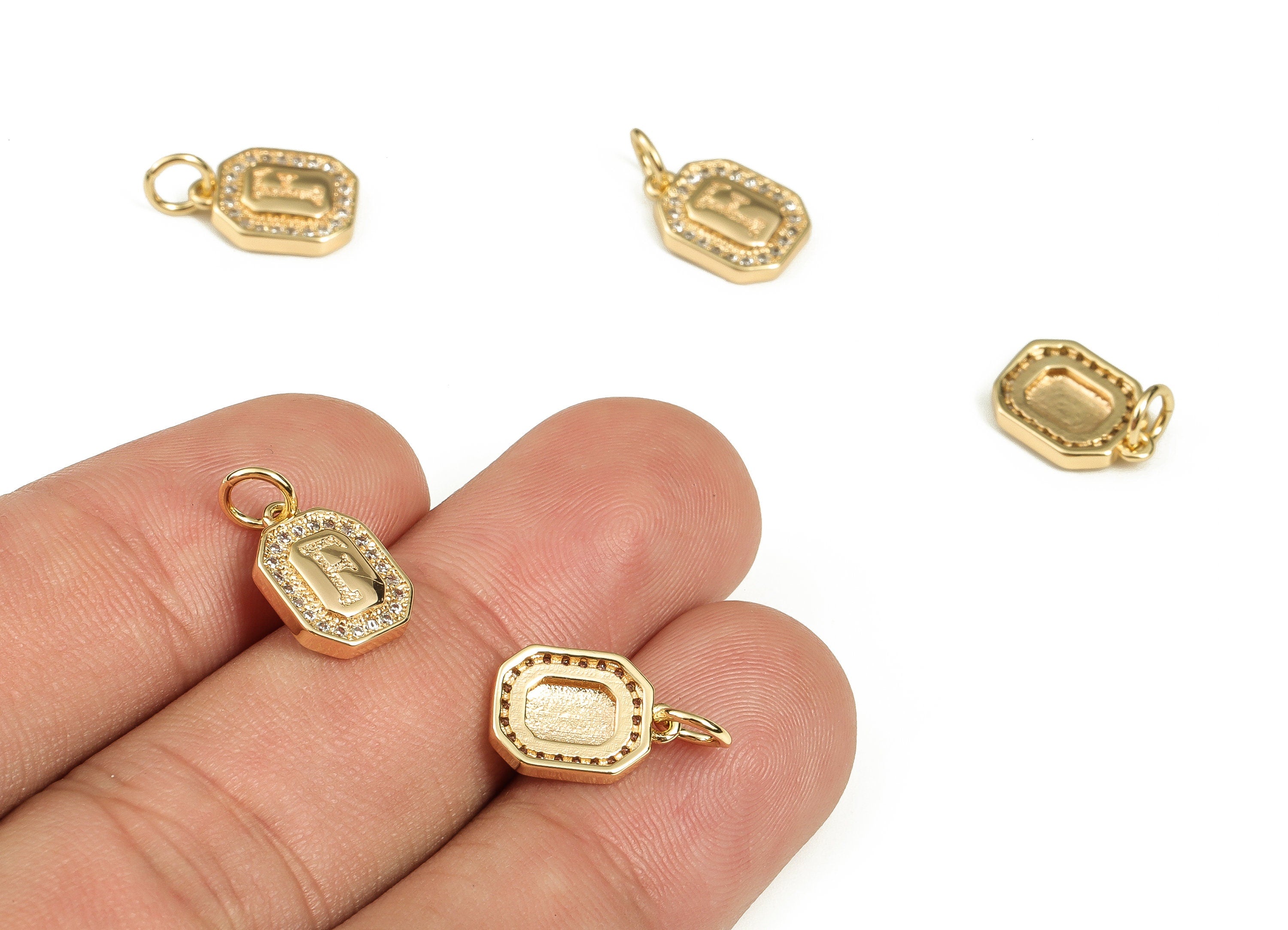 Brass Square Letter F Earring Charms with Zircons – Initial F Gold Alphabet Pendant – 18K Real Gold Plated Brass -12.08x8.47x2.36mm-RGP3595F - DOMEDBAZAAR