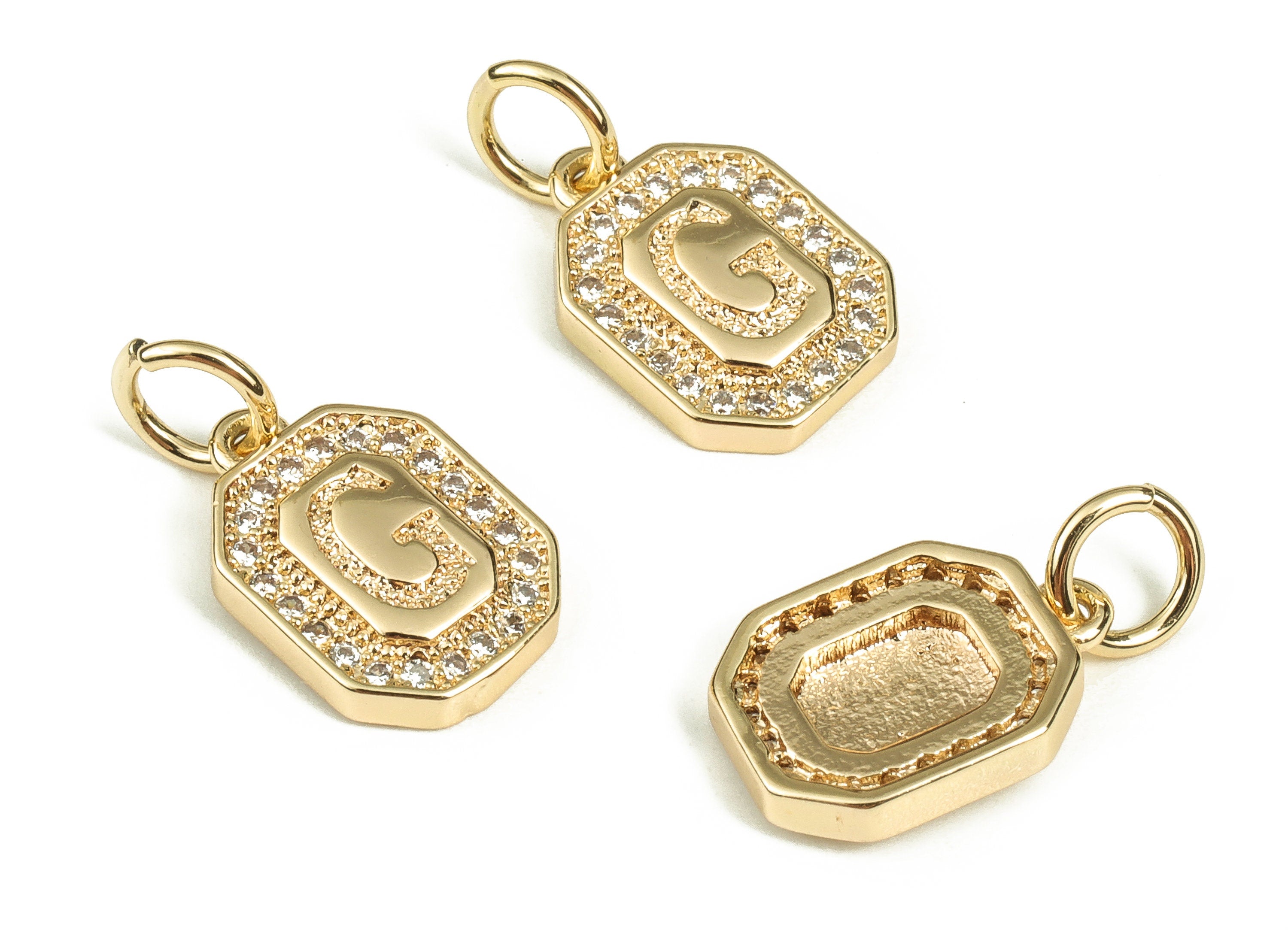 Brass Square Letter G Earring Charms with Zircons – Initial G Gold Alphabet Pendant – 18K Real Gold Plated Brass -12x8.55x2.37mm-RGP3595G - DOMEDBAZAAR
