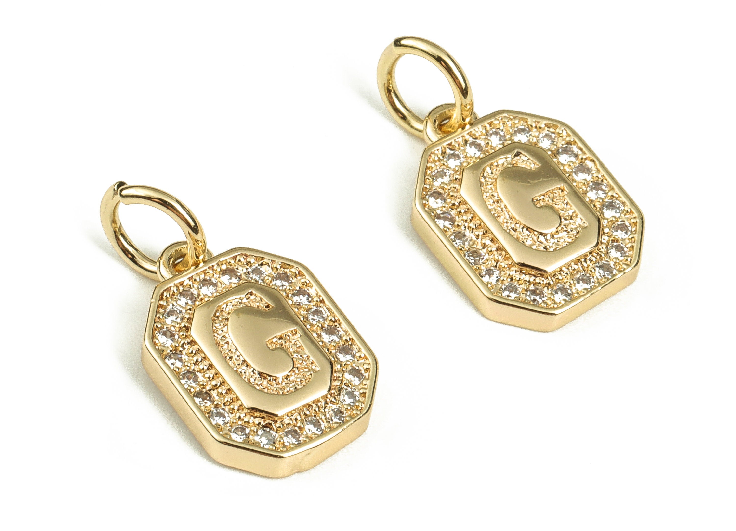 Brass Square Letter G Earring Charms with Zircons – Initial G Gold Alphabet Pendant – 18K Real Gold Plated Brass -12x8.55x2.37mm-RGP3595G - DOMEDBAZAAR