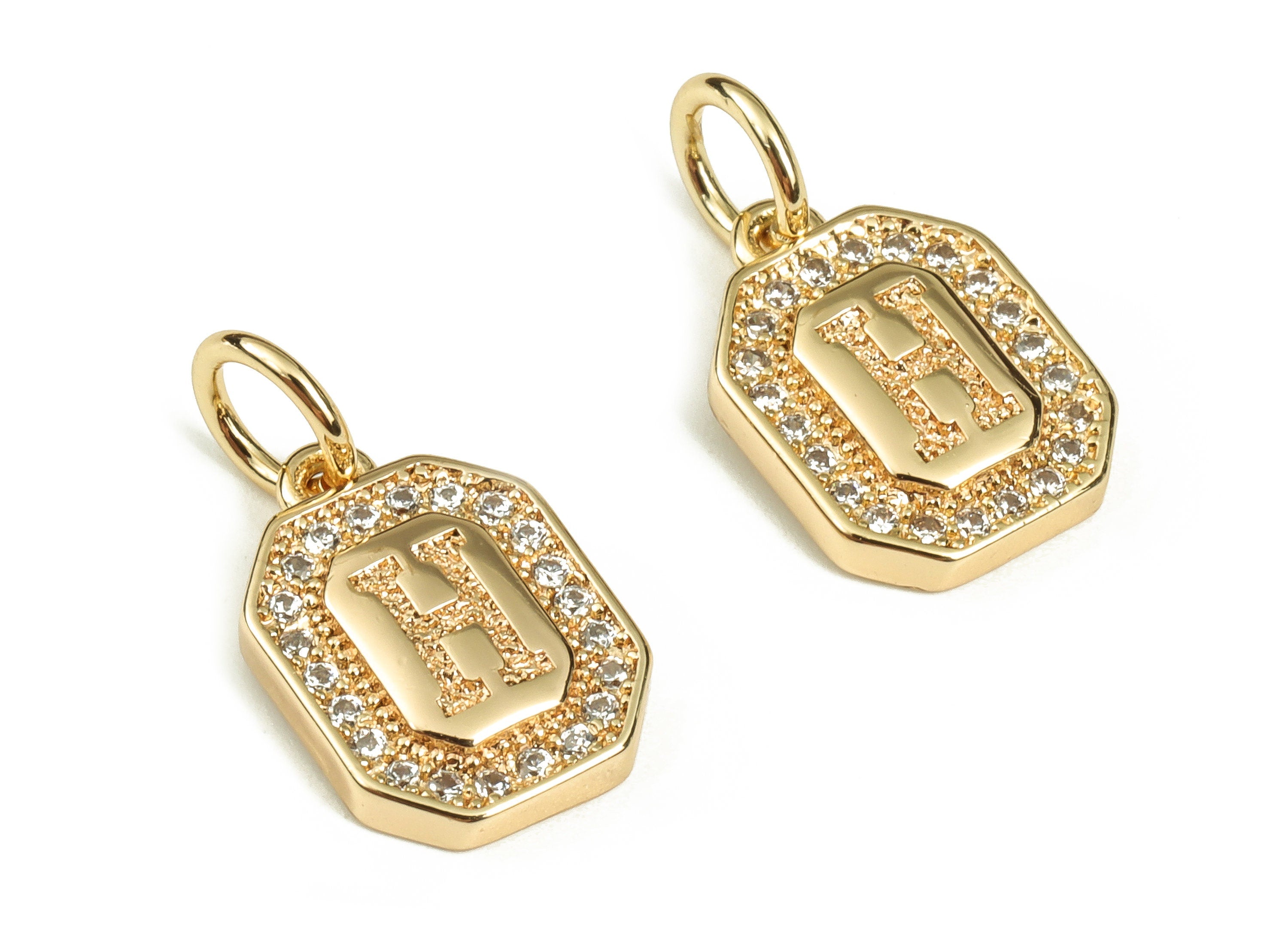 Brass Square Letter H Earring Charms with Zircons – Initial H Gold Alphabet Pendant – 18K Real Gold Plated Brass -11.85x8.48x2.45mm-RGP3595H - DOMEDBAZAAR