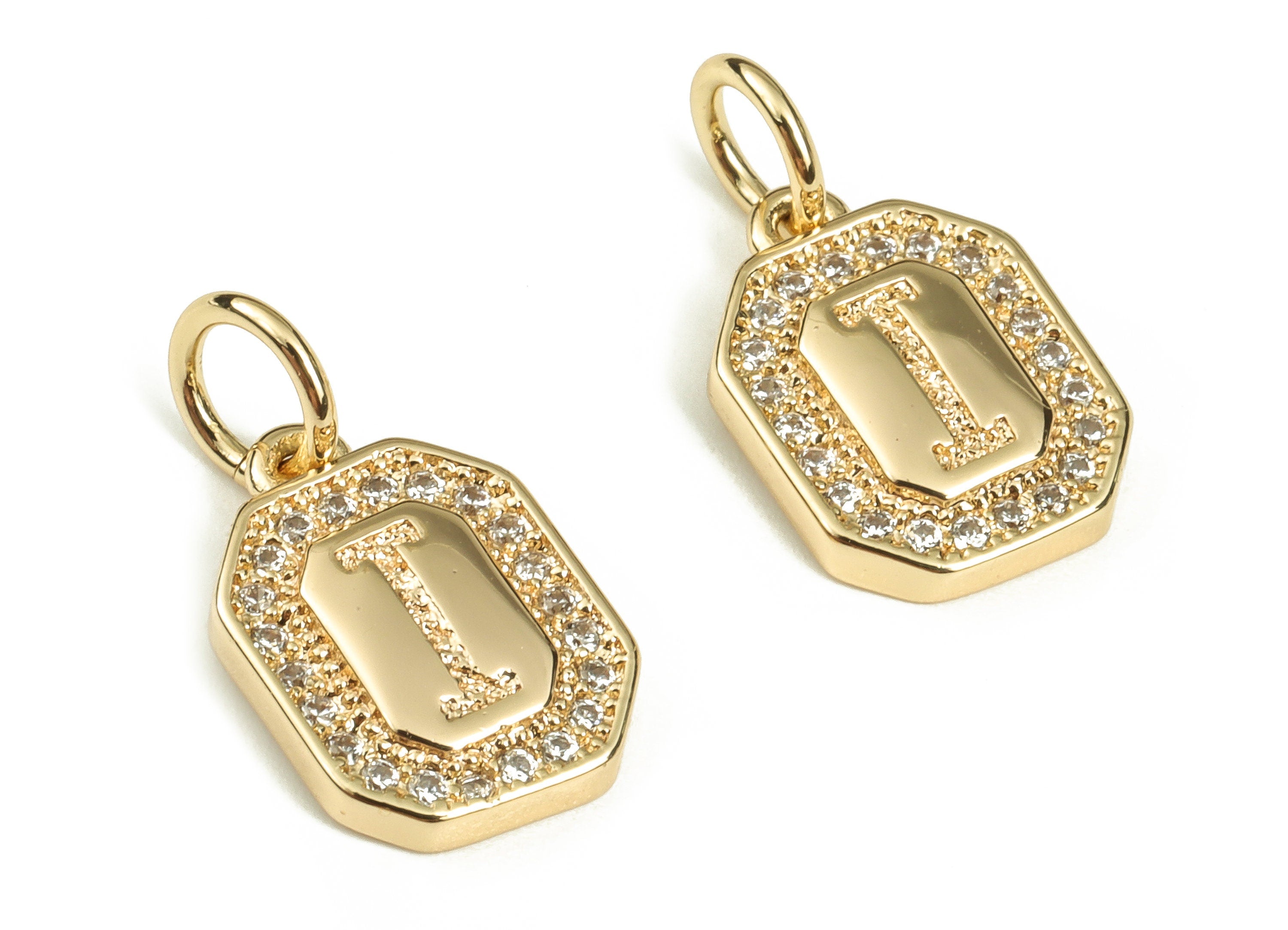Brass Square Letter l Earring Charms with Zircons – Initial I Gold Alphabet Pendant – 18K Real Gold Plated Brass -11.95x8.59x2.31mm-RGP3595I - DOMEDBAZAAR