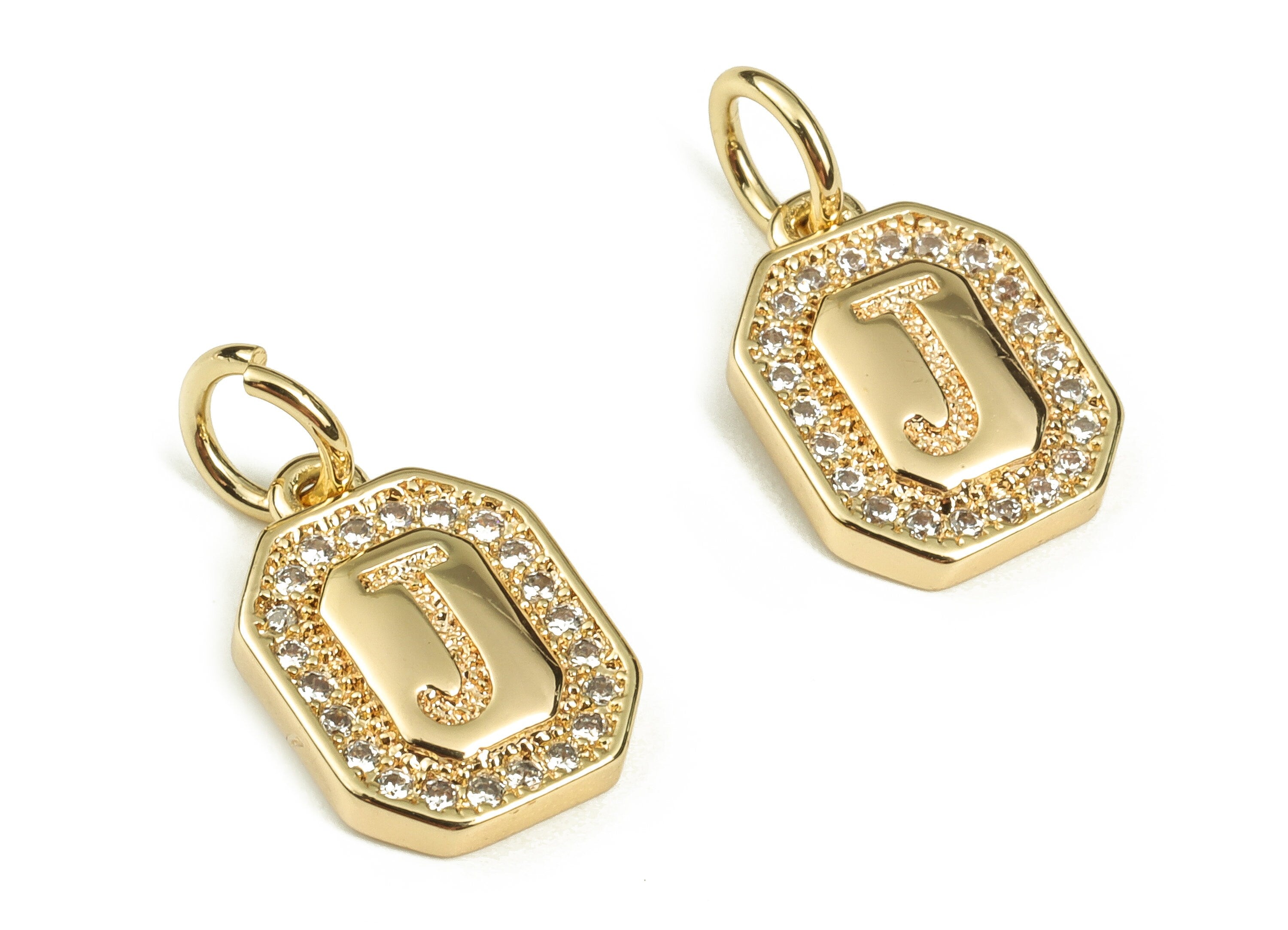 Brass Square Letter J Earring Charms with Zircons – Initial J Gold Alphabet Pendant – 18K Real Gold Plated Brass -12.15x8.47x2.42mm-RGP3595J - DOMEDBAZAAR