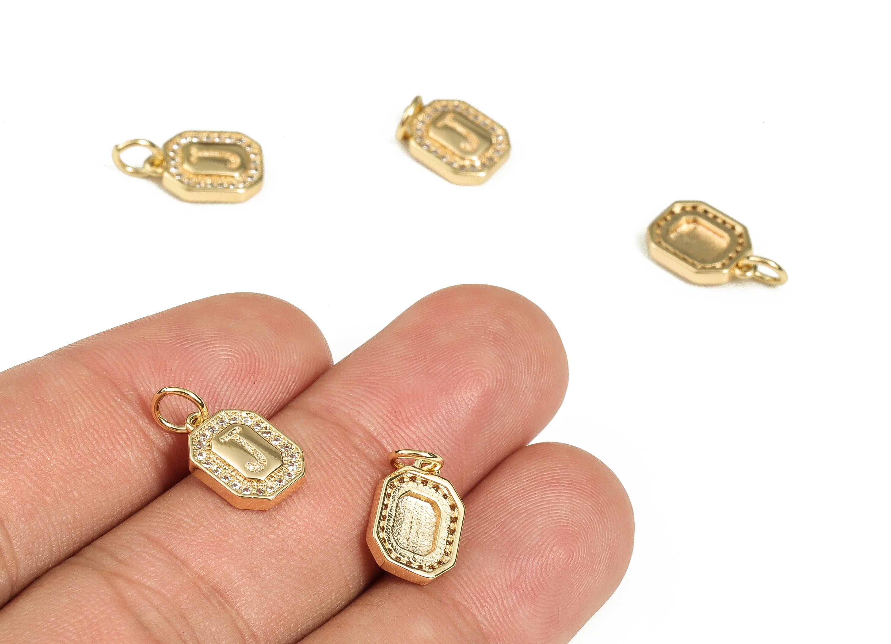 Brass Square Letter J Earring Charms with Zircons – Initial J Gold Alphabet Pendant – 18K Real Gold Plated Brass -12.15x8.47x2.42mm-RGP3595J - DOMEDBAZAAR