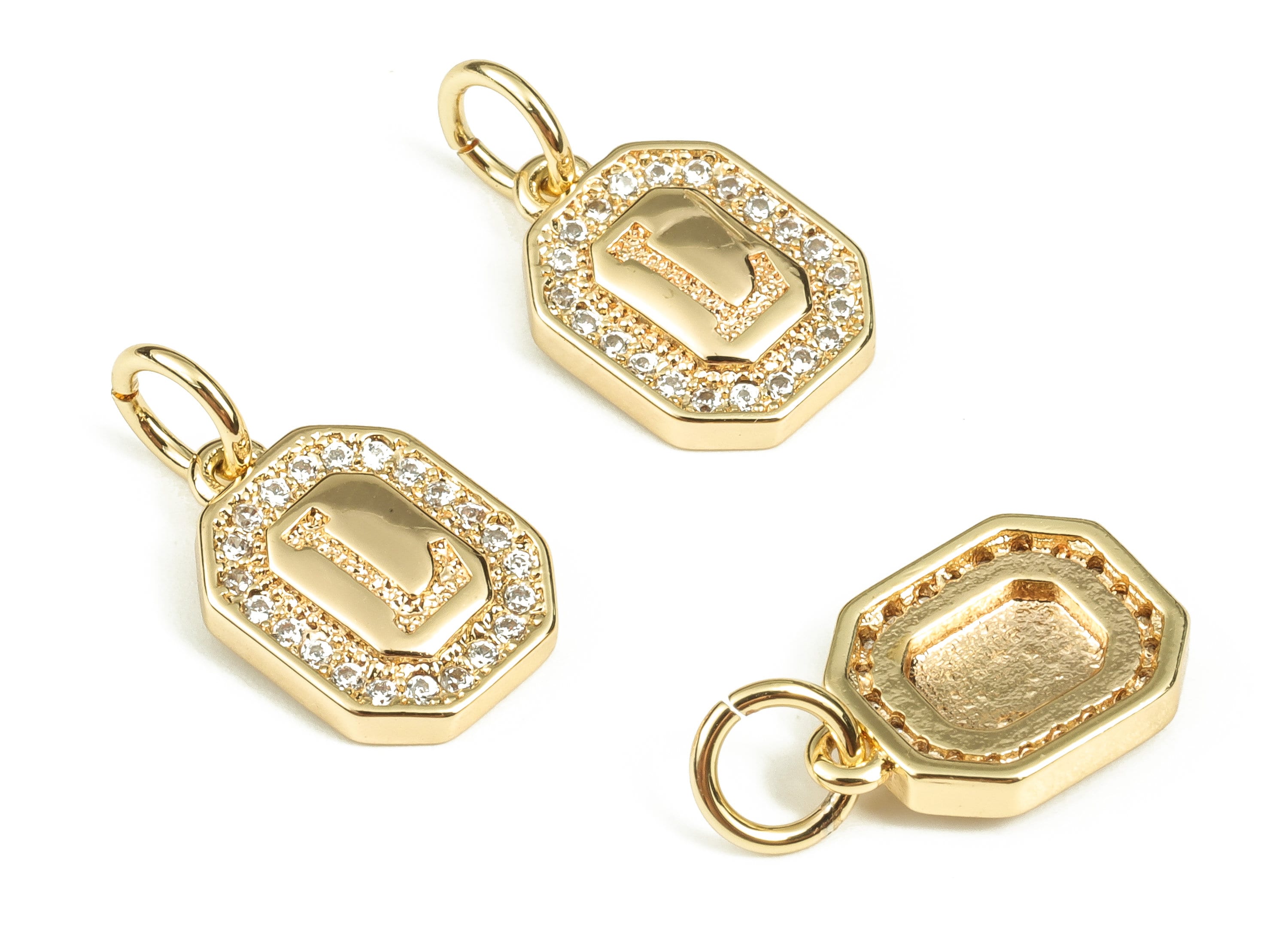 Brass Square Letter L Earring Charms with Zircons – Initial L Gold Alphabet Pendant – 18K Real Gold Plated Brass -12.16x8.48x2.44mm-RGP3595L - DOMEDBAZAAR