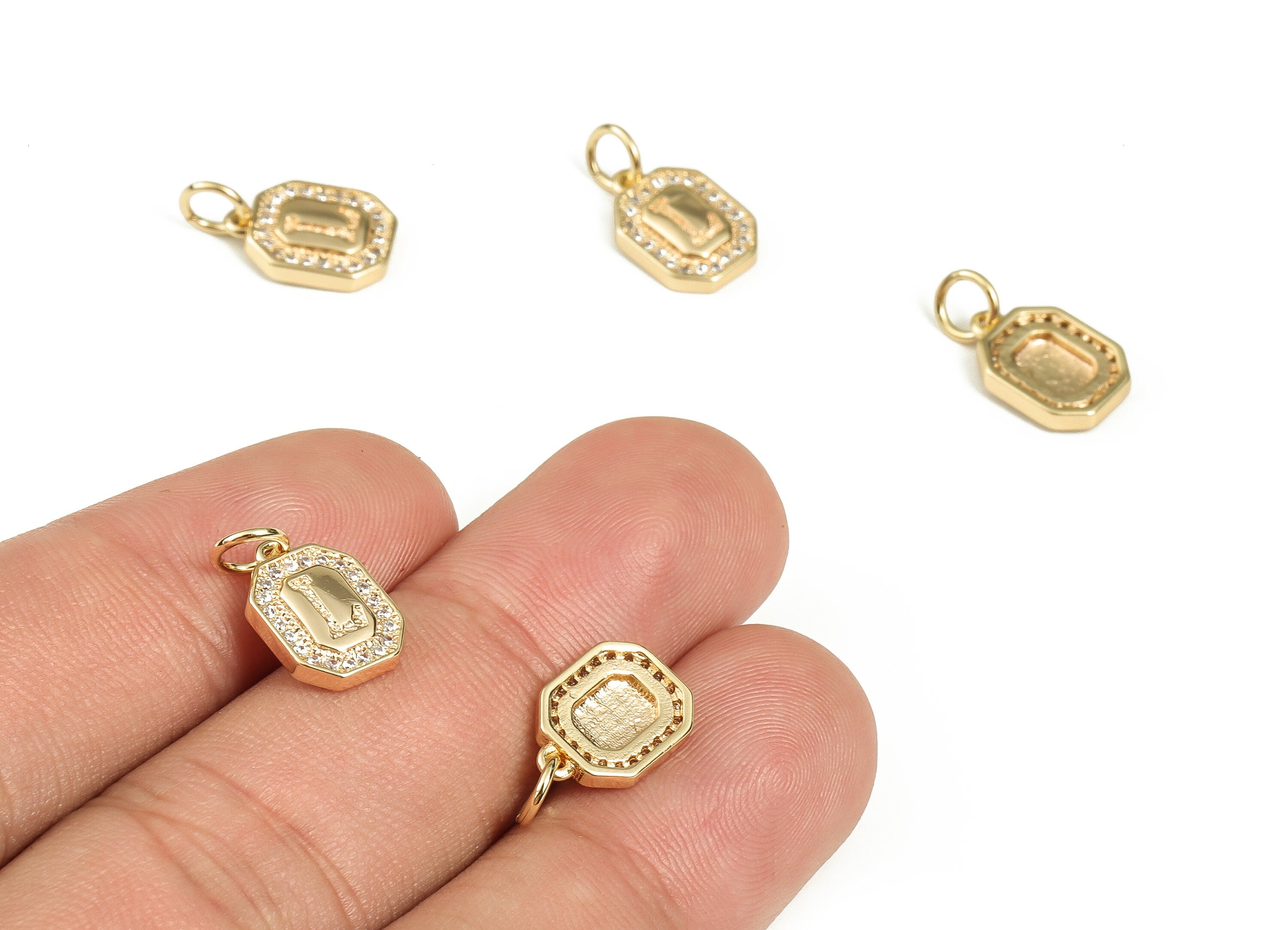 Brass Square Letter L Earring Charms with Zircons – Initial L Gold Alphabet Pendant – 18K Real Gold Plated Brass -12.16x8.48x2.44mm-RGP3595L - DOMEDBAZAAR