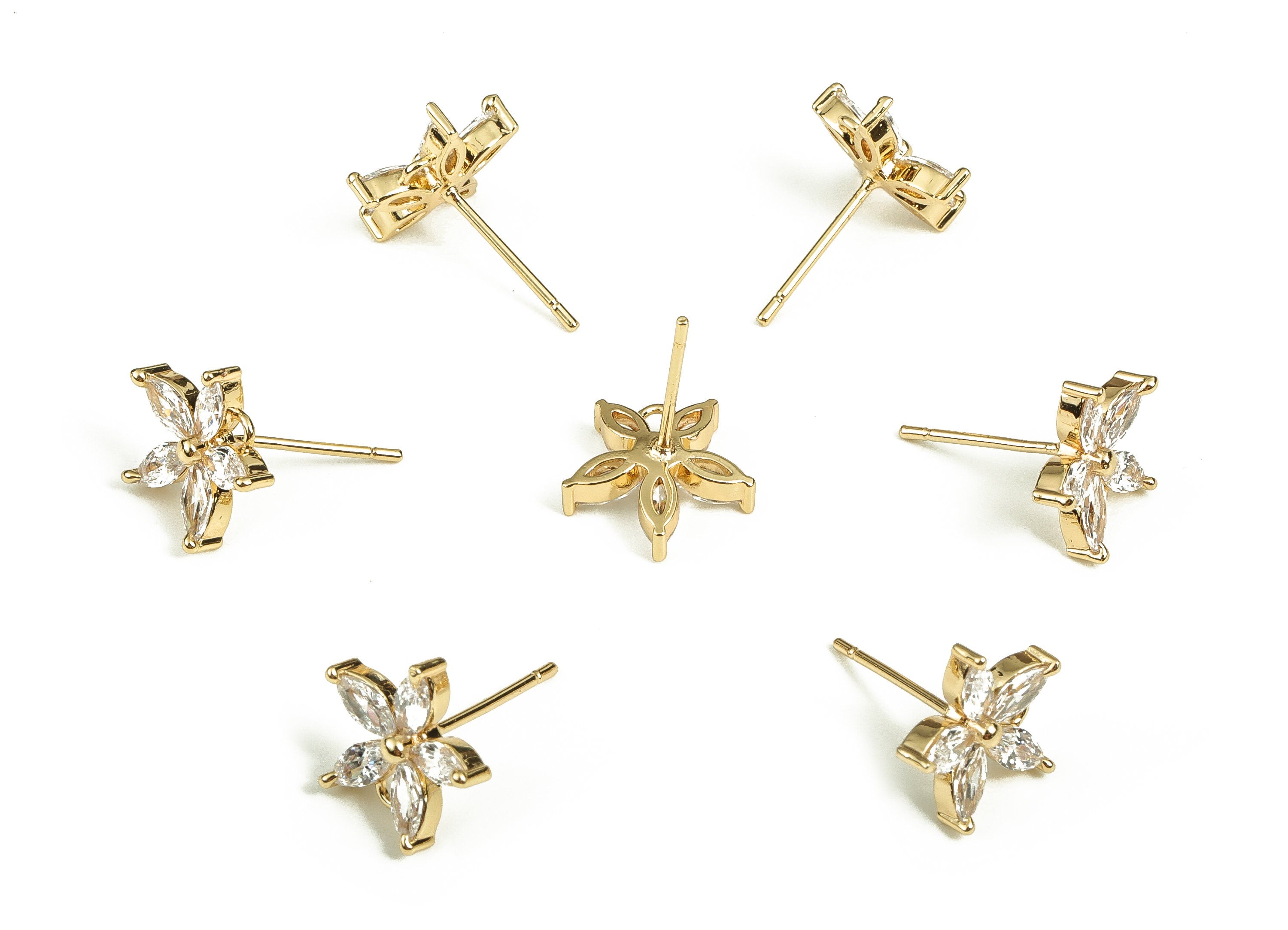 Brass Flower Earring Stud With Zircons - Gold Flower Post - Stainless Steel Stud - 18K Real Gold Plated Brass – 10.64x10.48x2.02mm - RGP3893 - DOMEDBAZAAR