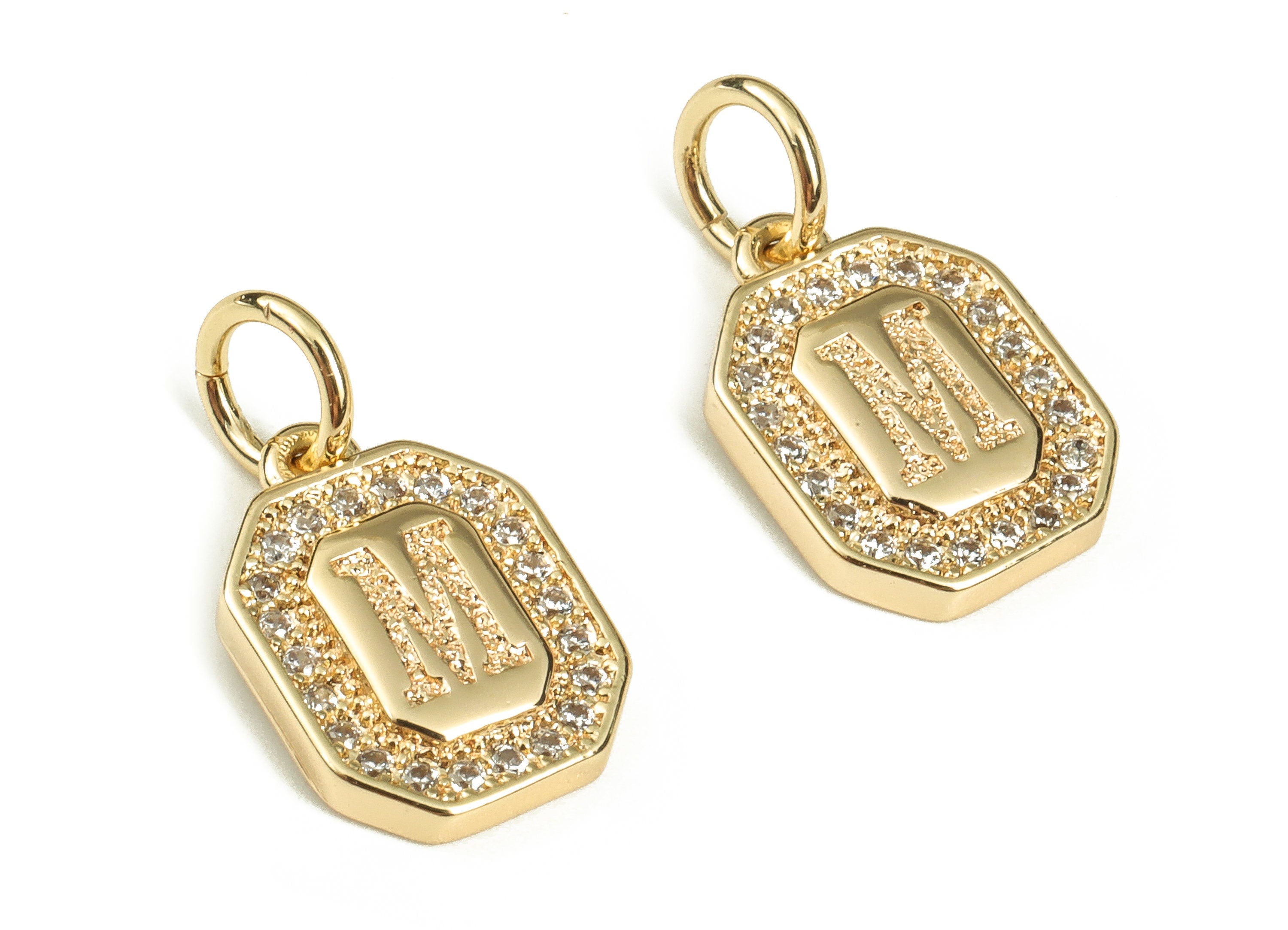 Brass Square Letter M Earring Charms with Zircons – Initial M Gold Alphabet Pendant – 18K Real Gold Plated Brass -12.02x8.47x2.28mm-RGP3595M - DOMEDBAZAAR