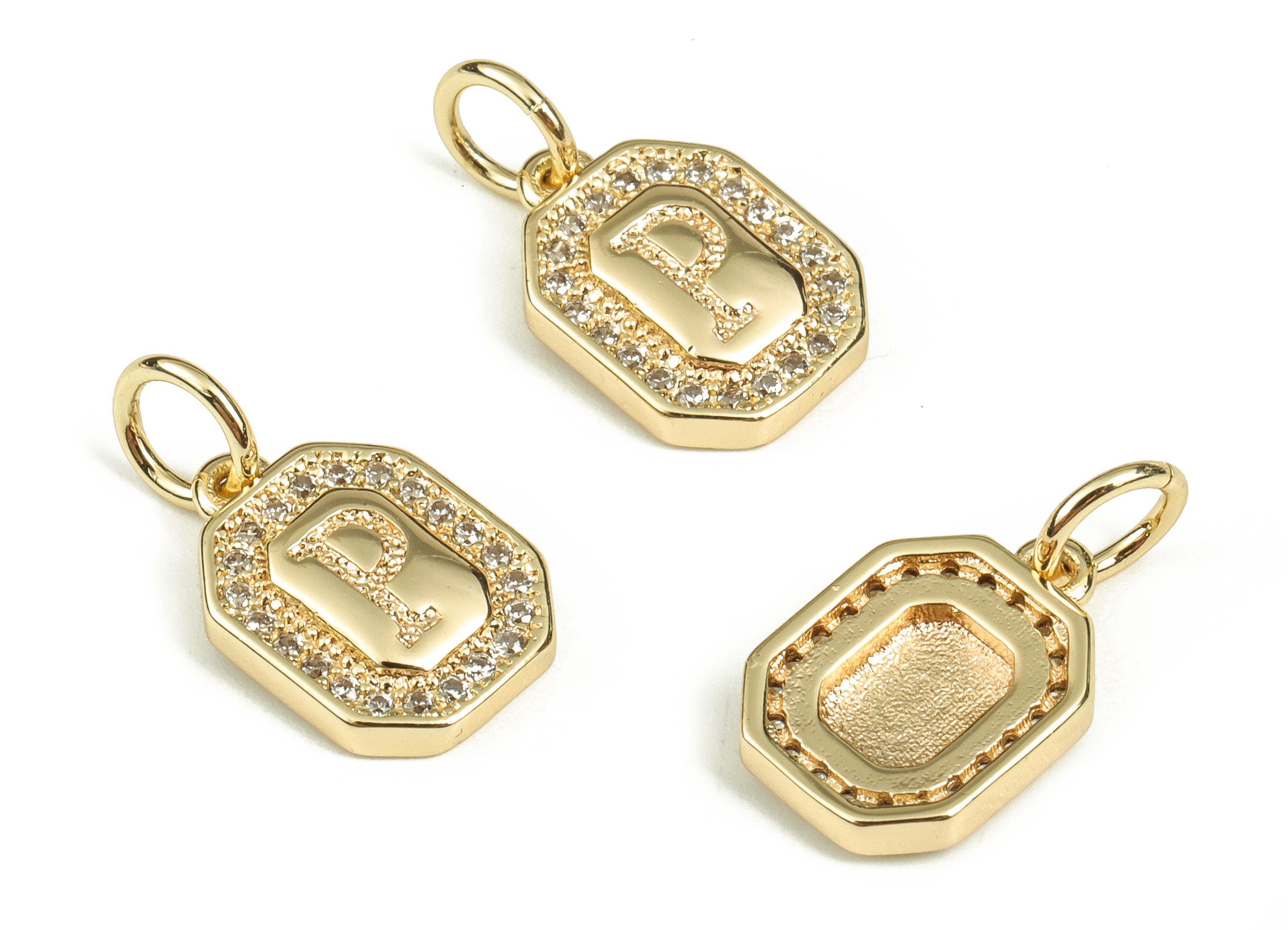Brass Square Letter P Earring Charms with Zircons – Initial P Gold Alphabet Pendant – 18K Real Gold Plated Brass -11.9x8.44x2.41mm-RGP3595P - DOMEDBAZAAR