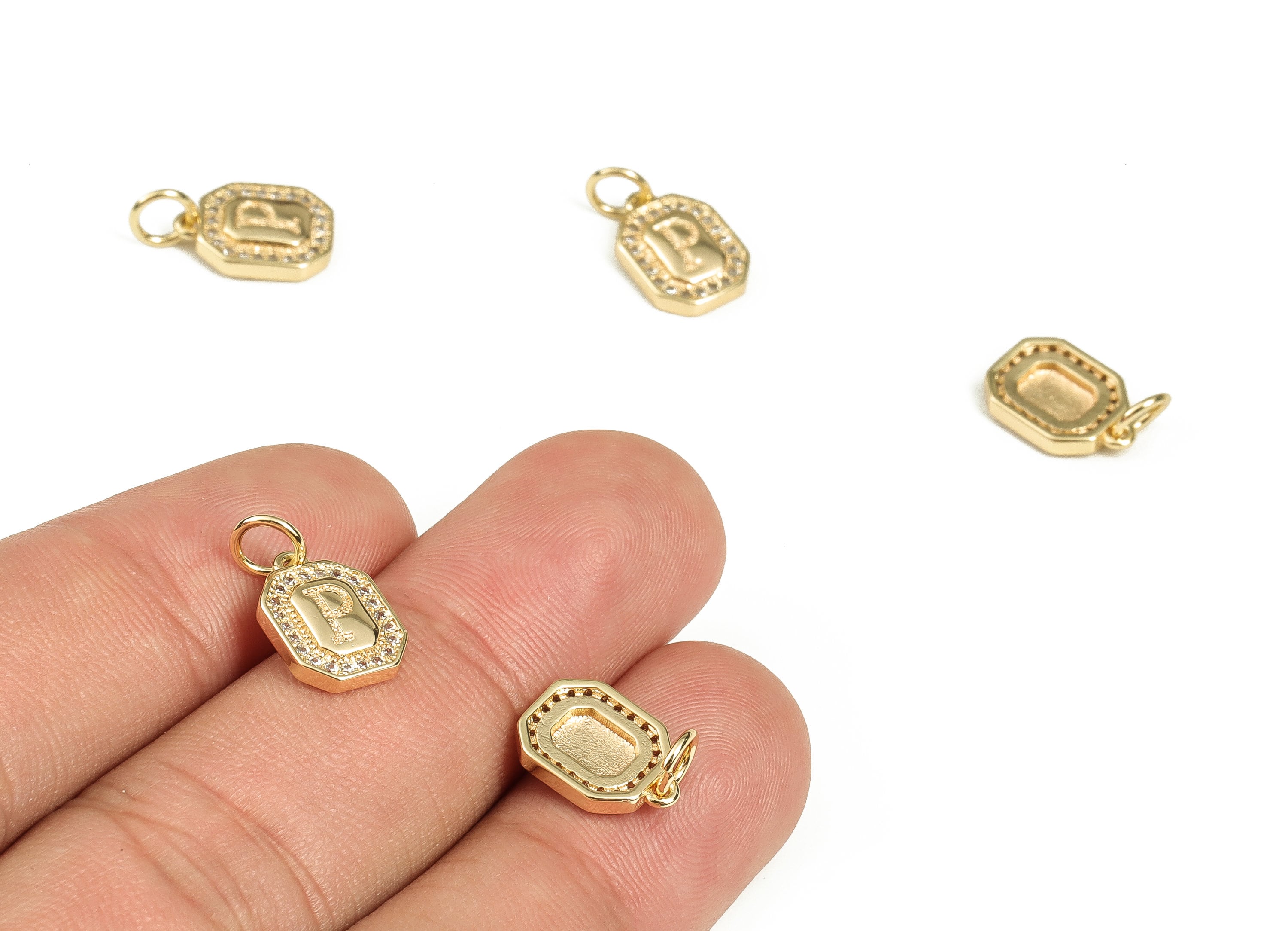 Brass Square Letter P Earring Charms with Zircons – Initial P Gold Alphabet Pendant – 18K Real Gold Plated Brass -11.9x8.44x2.41mm-RGP3595P - DOMEDBAZAAR