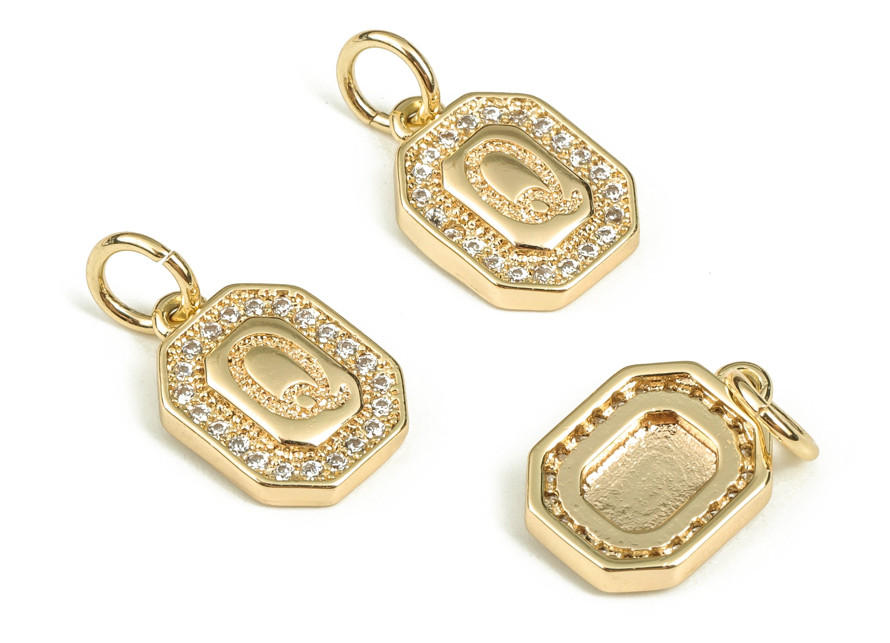Brass Square Letter Q Earring Charms with Zircons – Initial Q Gold Alphabet Pendant – 18K Real Gold Plated Brass -12.11x8.44x2.37mm-RGP3595Q - DOMEDBAZAAR