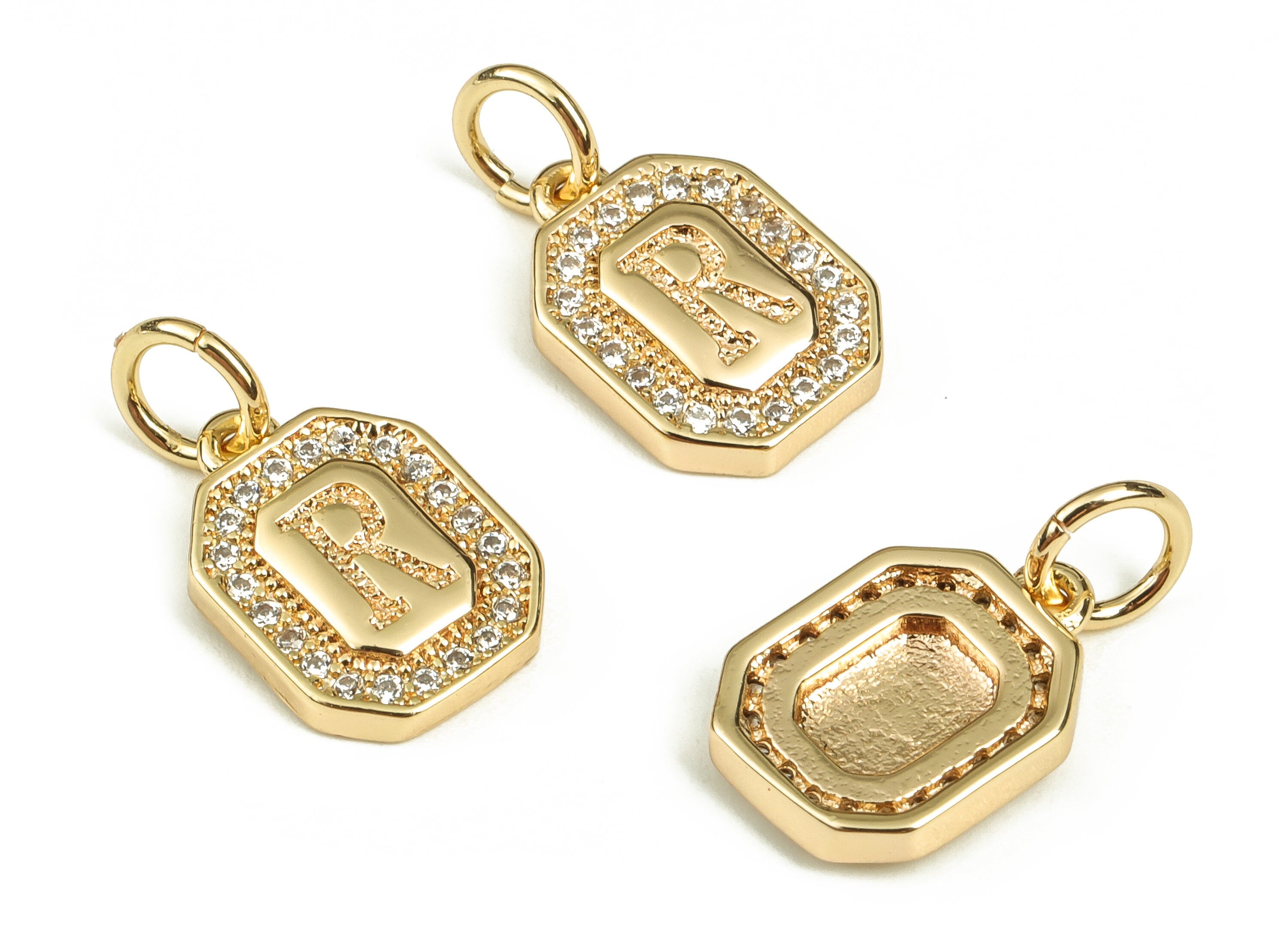 Brass Square Letter R Earring Charms with Zircons – Initial R Gold Alphabet Pendant – 18K Real Gold Plated Brass -12.01x8.49x2.25mm-RGP3595R - DOMEDBAZAAR