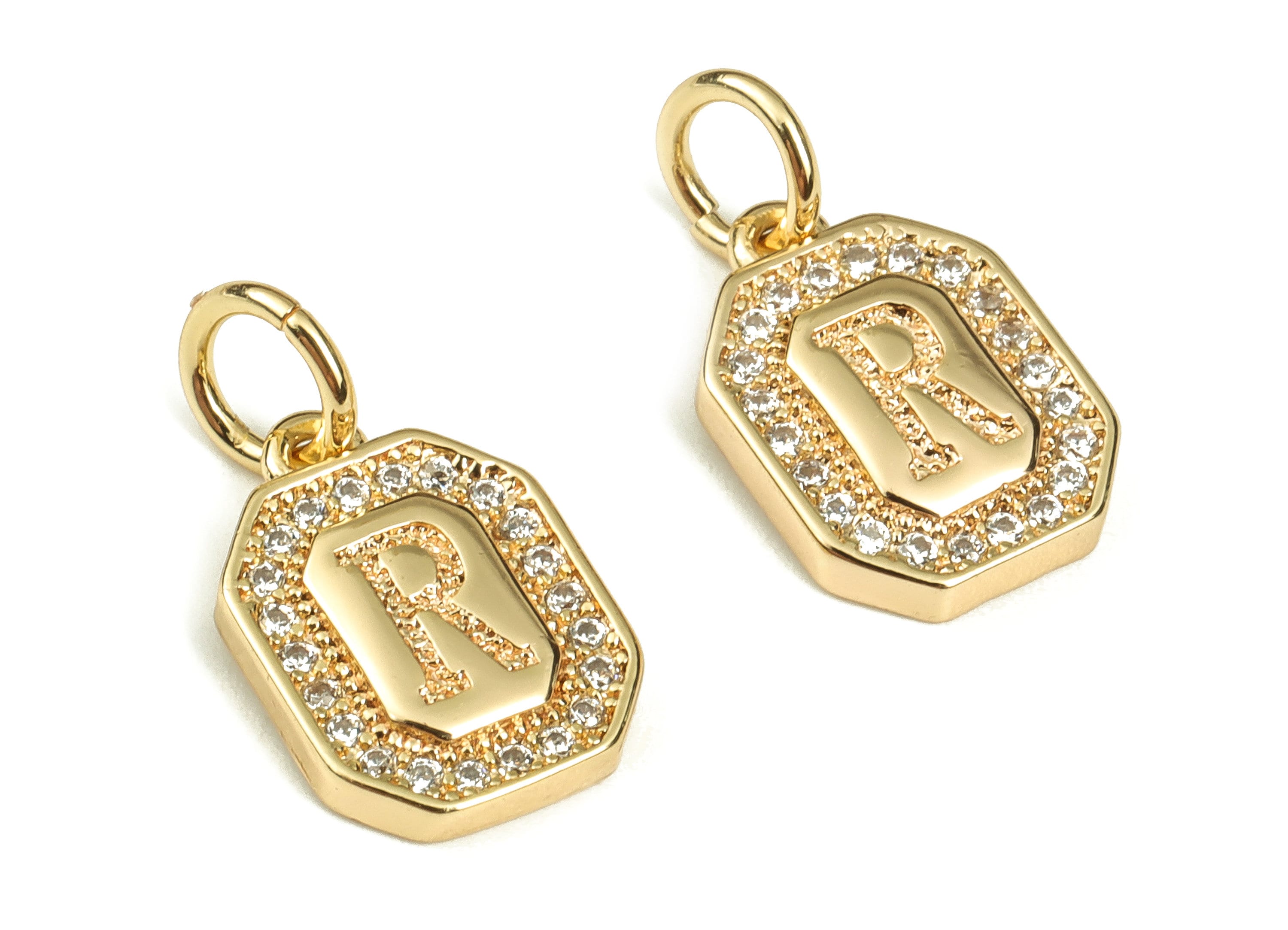 Brass Square Letter R Earring Charms with Zircons – Initial R Gold Alphabet Pendant – 18K Real Gold Plated Brass -12.01x8.49x2.25mm-RGP3595R - DOMEDBAZAAR