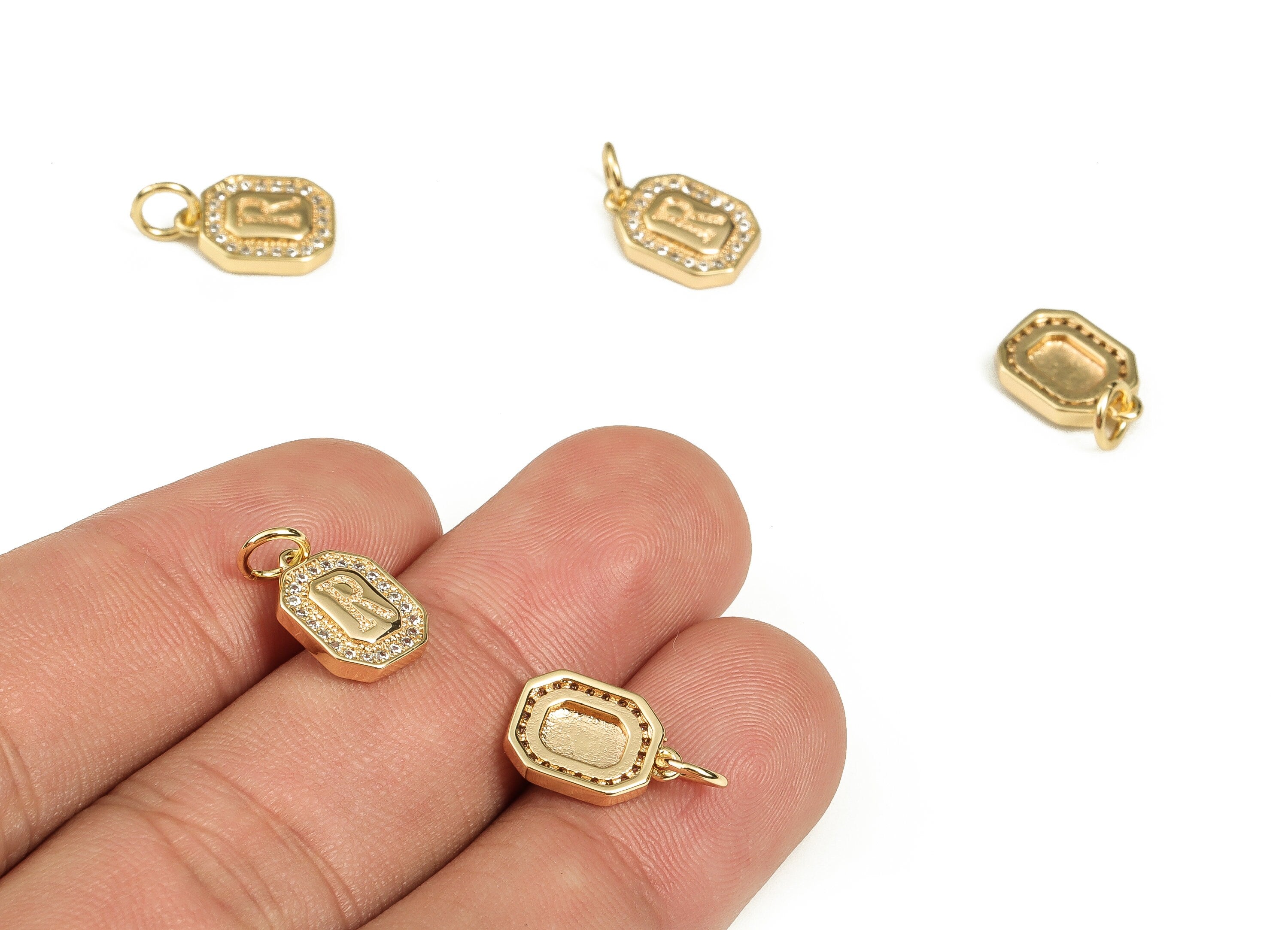 Brass Square Letter R Earring Charms with Zircons – Initial R Gold Alphabet Pendant – 18K Real Gold Plated Brass -12.01x8.49x2.25mm-RGP3595R - DOMEDBAZAAR