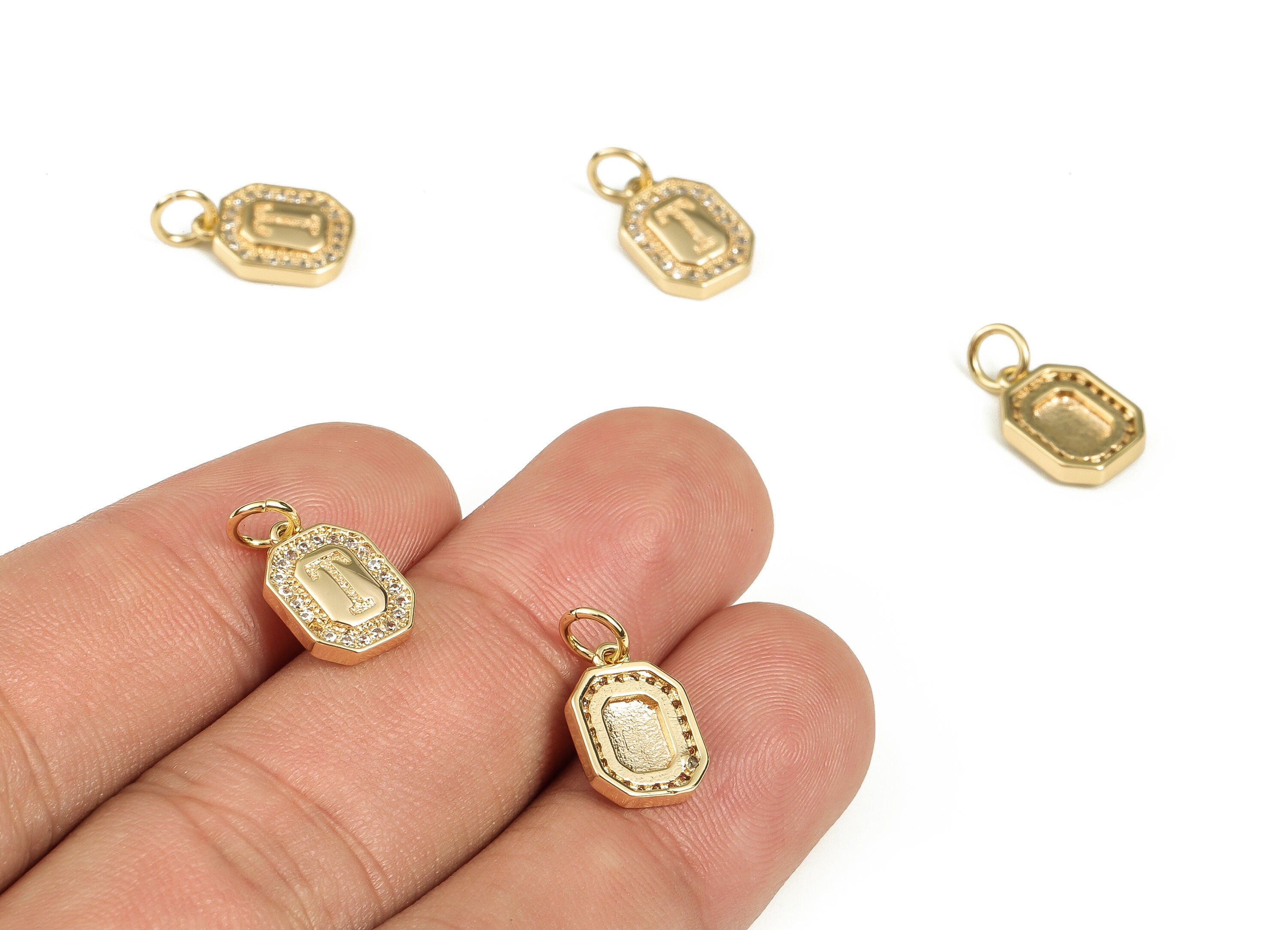 Brass Square Letter T Earring Charms with Zircons – Initial T Gold Alphabet Pendant – 18K Real Gold Plated Brass -12.18x8.5x2.33mm-RGP3595T - DOMEDBAZAAR