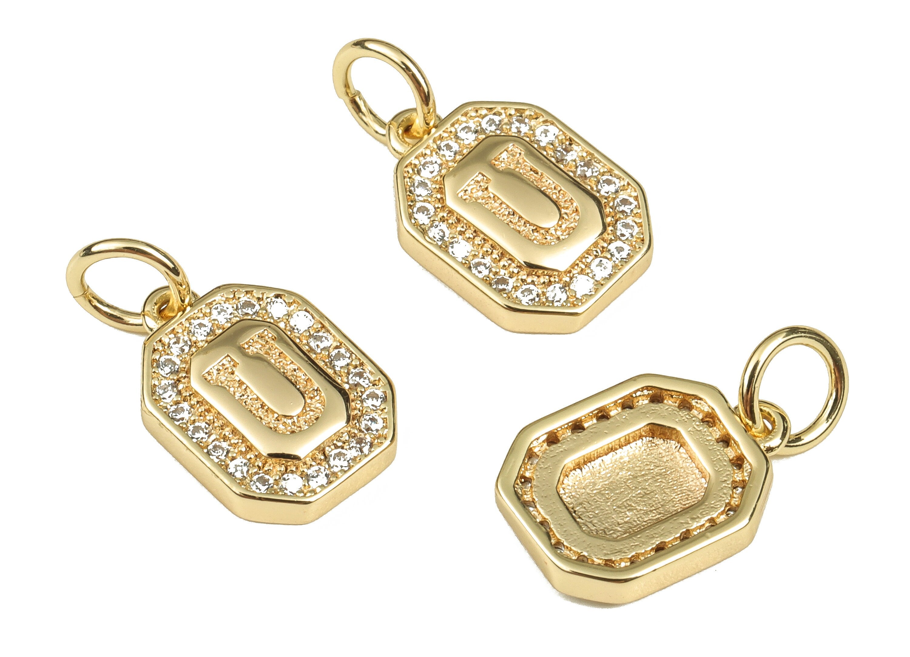 Brass Square Letter U Earring Charms with Zircons – Initial U Gold Alphabet Pendant – 18K Real Gold Plated Brass -11.88x8.48x2.42mm-RGP3595U - DOMEDBAZAAR