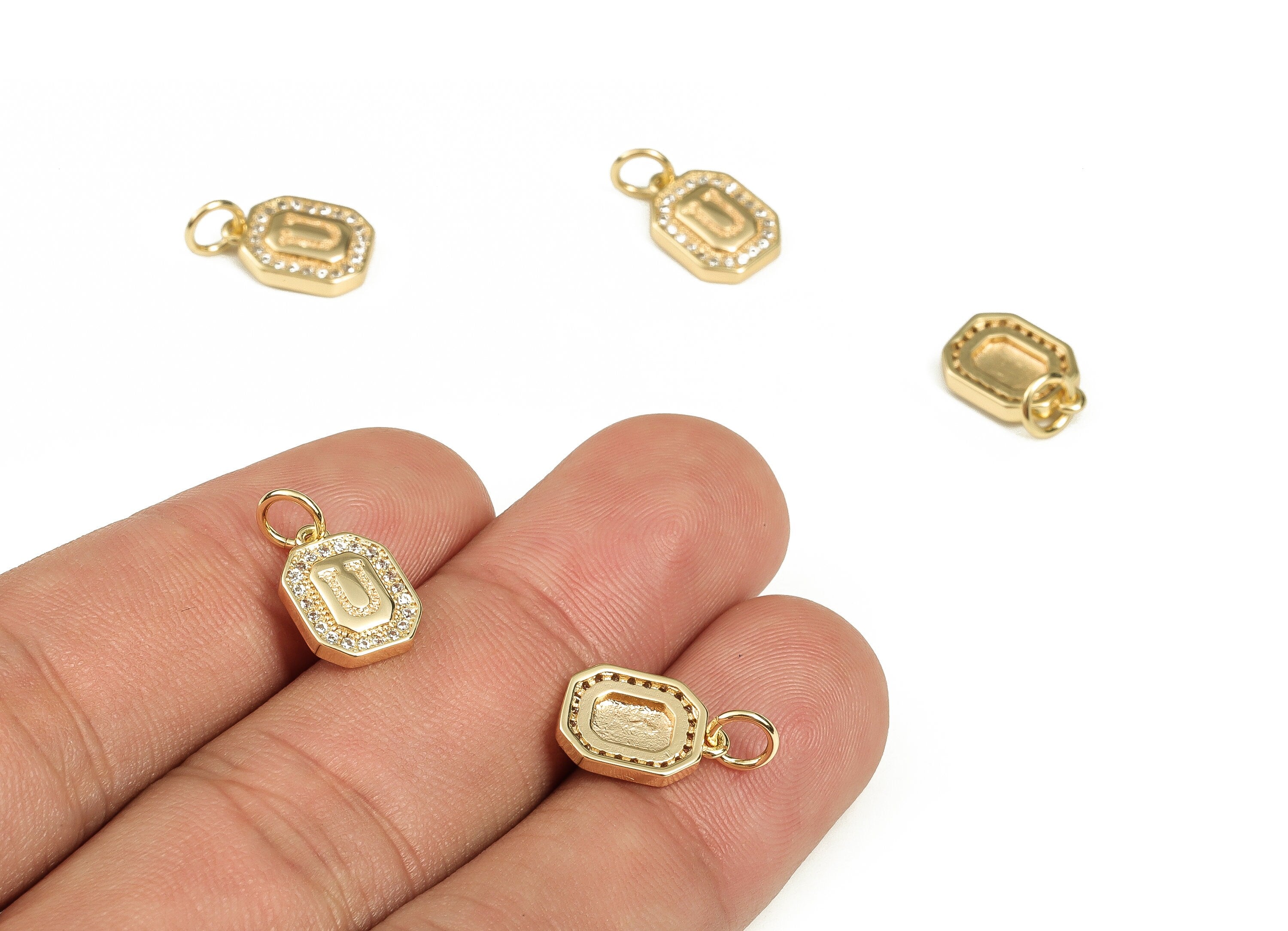 Brass Square Letter U Earring Charms with Zircons – Initial U Gold Alphabet Pendant – 18K Real Gold Plated Brass -11.88x8.48x2.42mm-RGP3595U - DOMEDBAZAAR