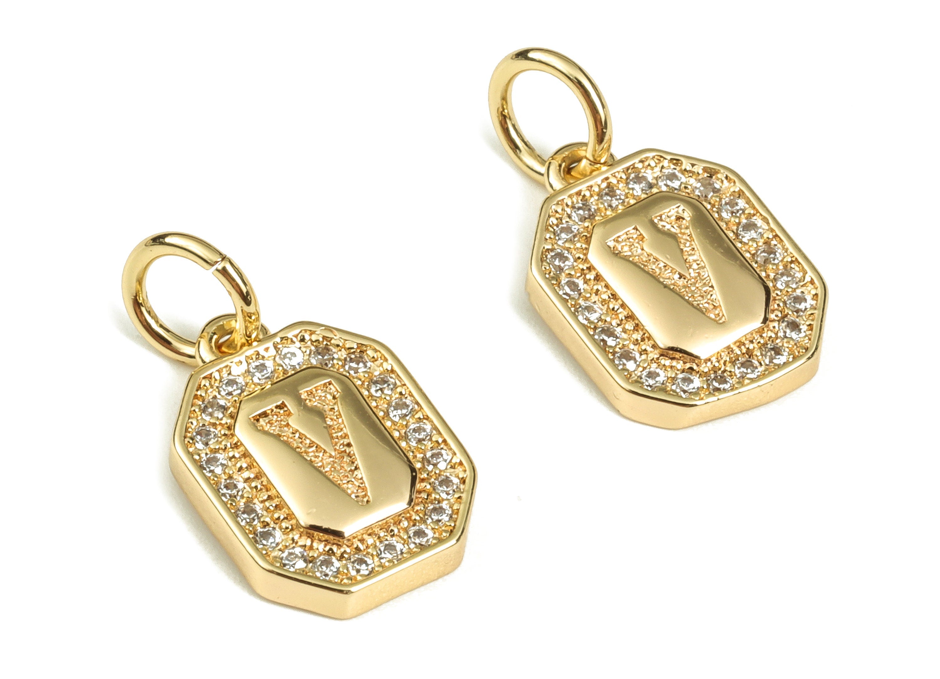 Brass Square Letter V Earring Charms with Zircons – Initial V Gold Alphabet Pendant – 18K Real Gold Plated Brass -12.12x8.49x2.27mm-RGP3595V - DOMEDBAZAAR