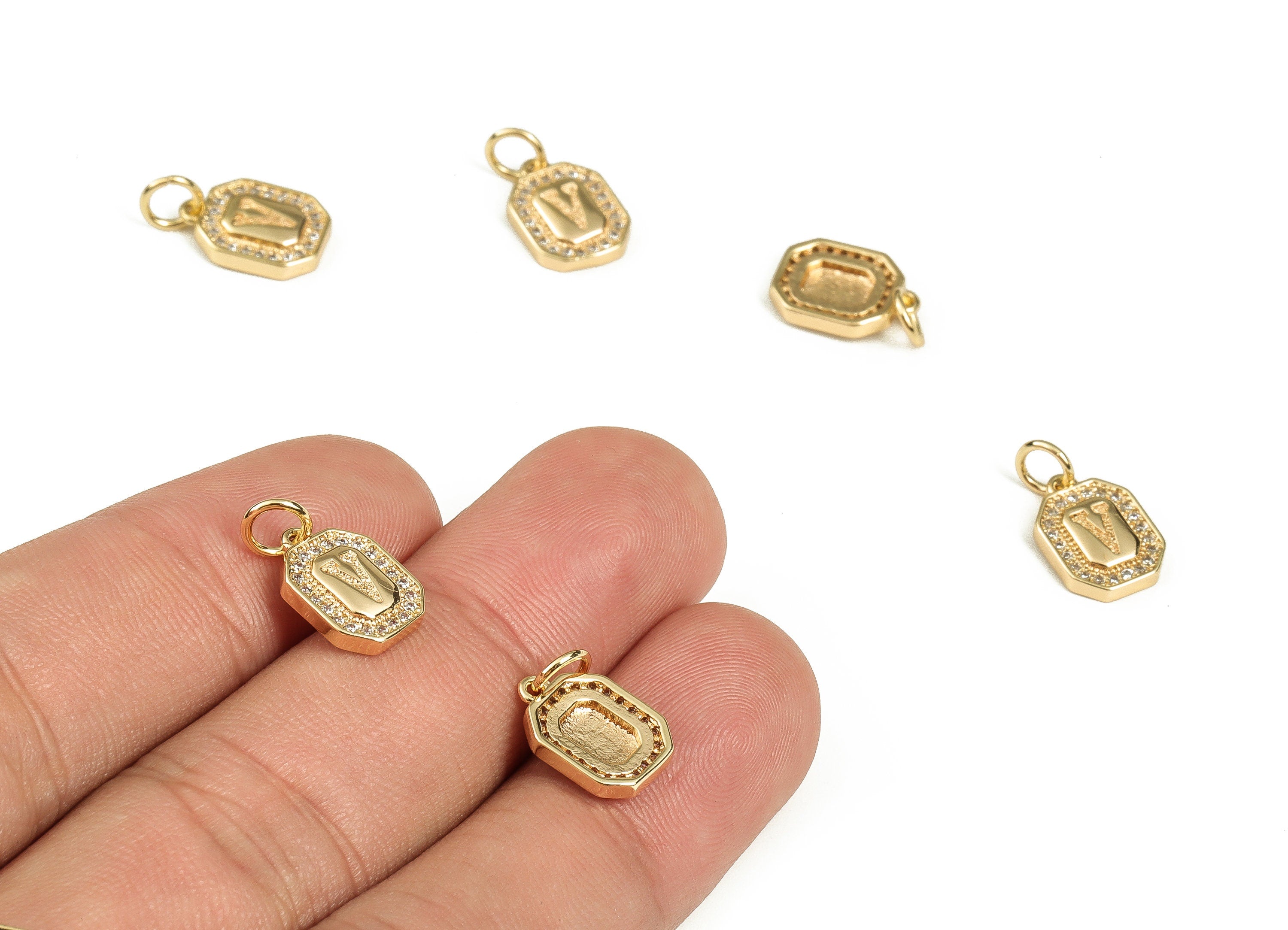 Brass Square Letter V Earring Charms with Zircons – Initial V Gold Alphabet Pendant – 18K Real Gold Plated Brass -12.12x8.49x2.27mm-RGP3595V - DOMEDBAZAAR