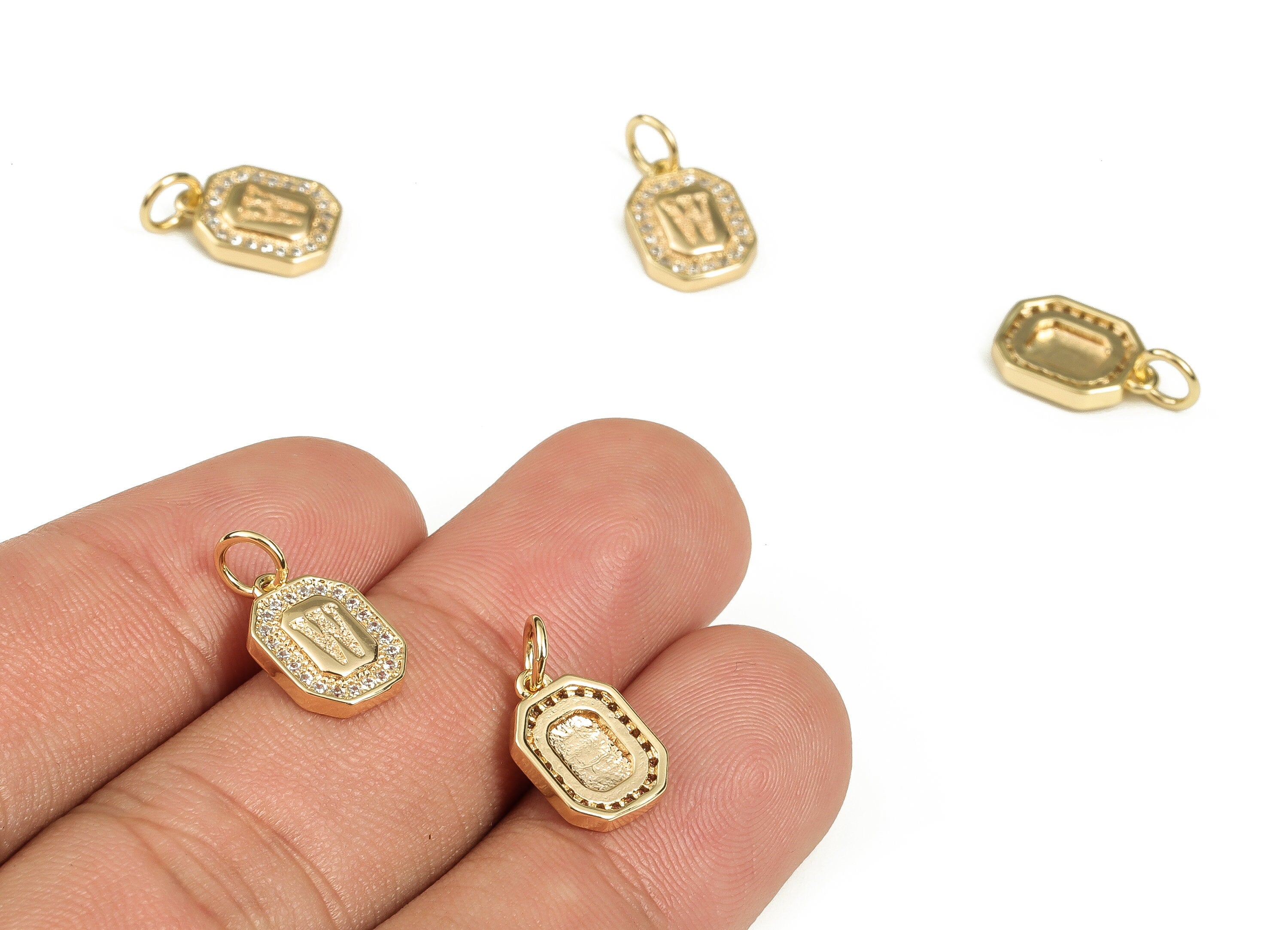 Brass Square Letter W Earring Charms with Zircons – Initial W Gold Alphabet Pendant – 18K Real Gold Plated Brass -12.03x8.6x2.24mm-RGP3595W - DOMEDBAZAAR