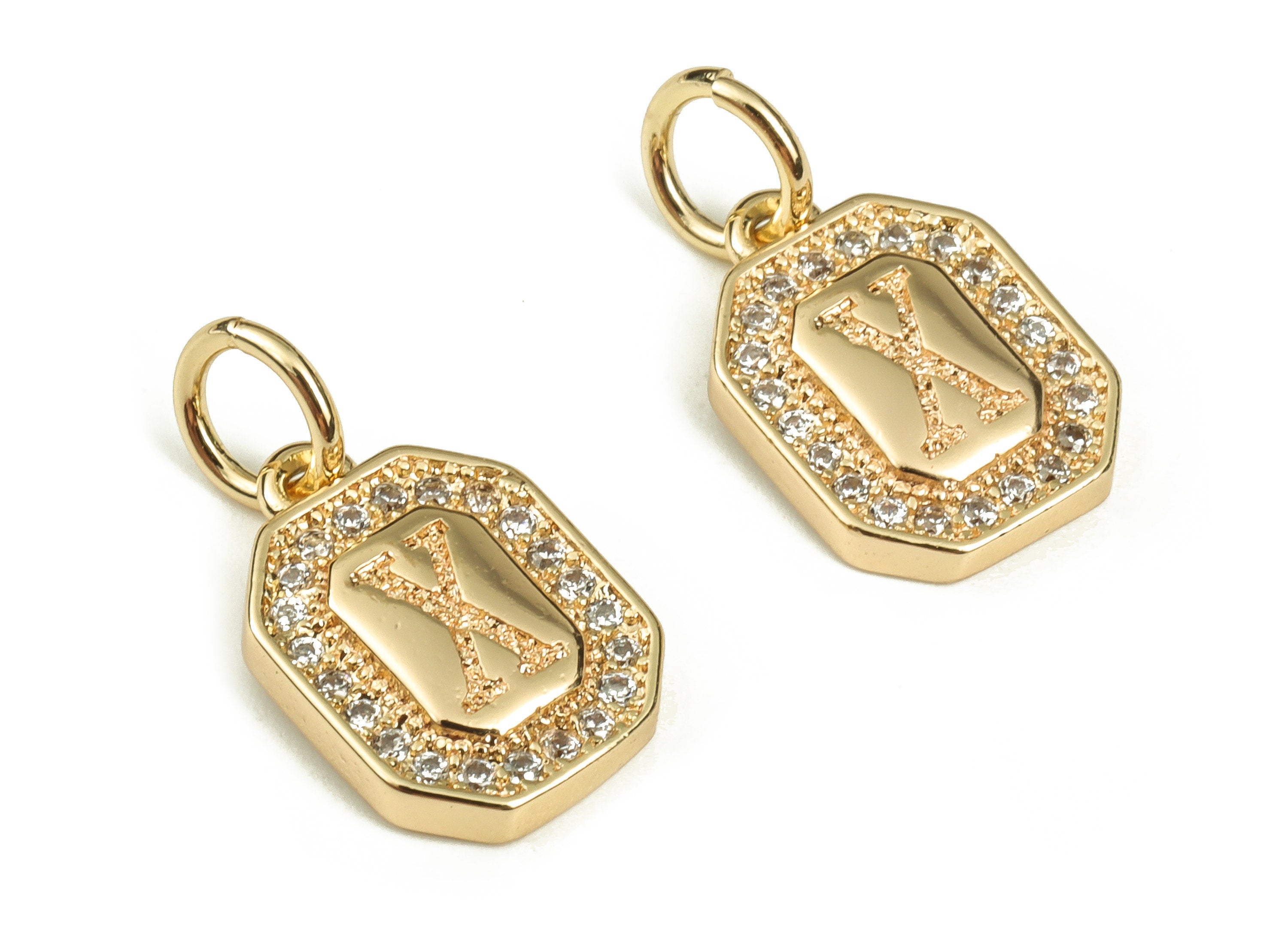 Brass Square Letter X Earring Charms with Zircons – Initial X Gold Alphabet Pendant – 18K Real Gold Plated Brass -11.95x8.51x2.32mm-RGP3595X - DOMEDBAZAAR