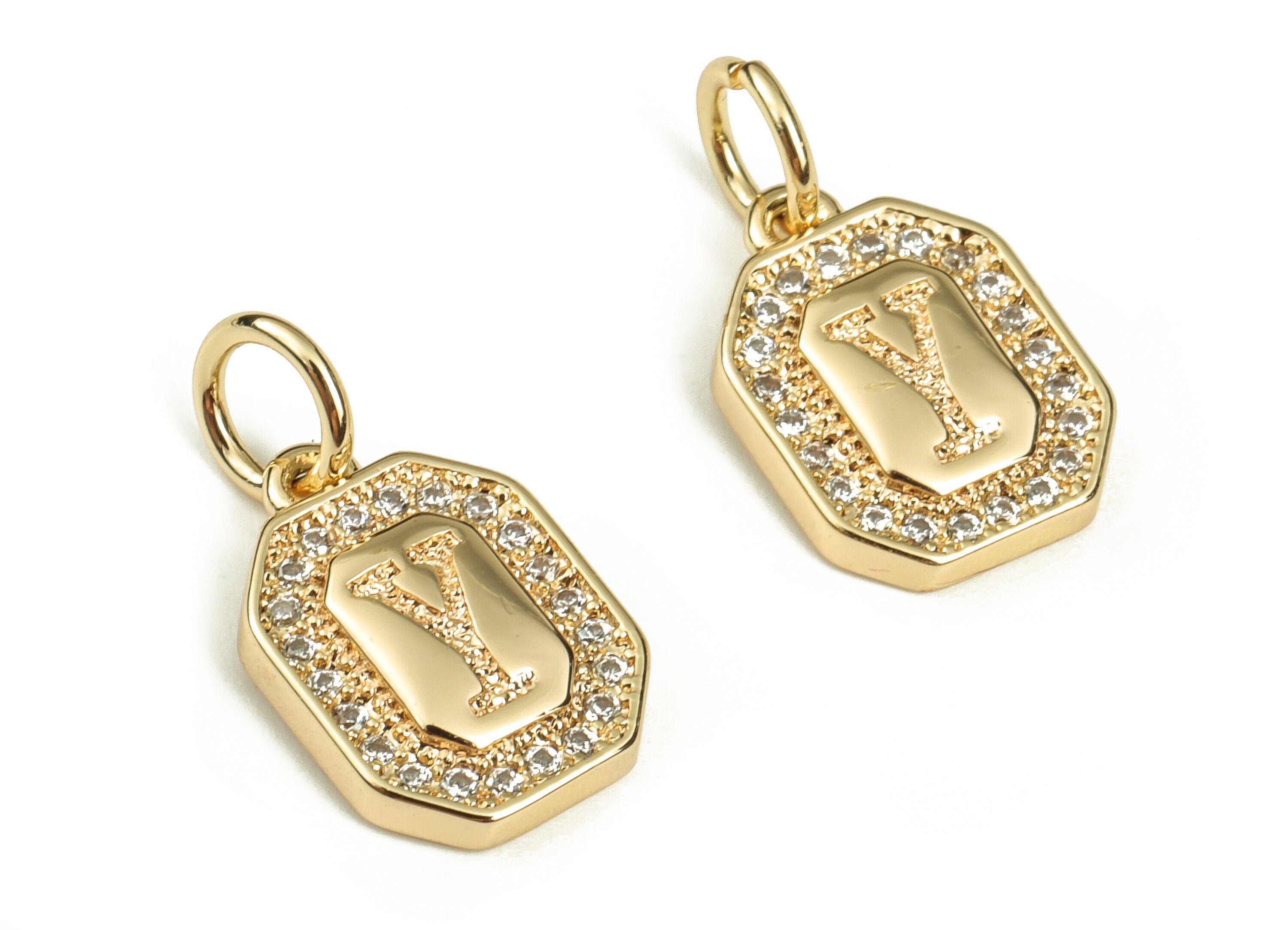 Brass Square Letter Y Earring Charms with Zircons – Initial Y Gold Alphabet Pendant – 18K Real Gold Plated Brass -11.94x8.51x2.43mm-RGP3595Y - DOMEDBAZAAR