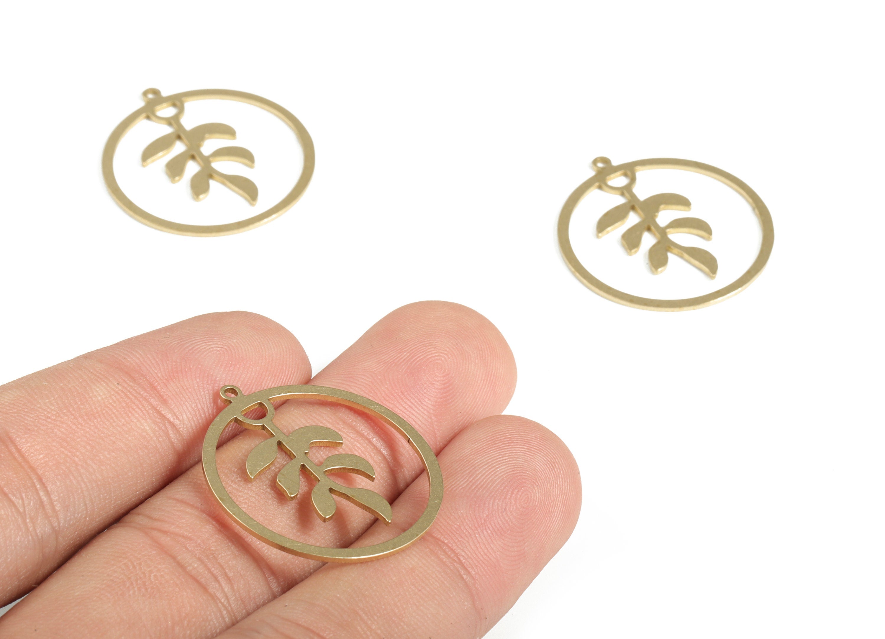 Brass Round Earring Charms – Raw Brass Leaf Hoop Earrings - Brass Leaf Pendants – Jewelry Making Supplies - 27x25.08x0.88mm - PP4158 - DOMEDBAZAAR