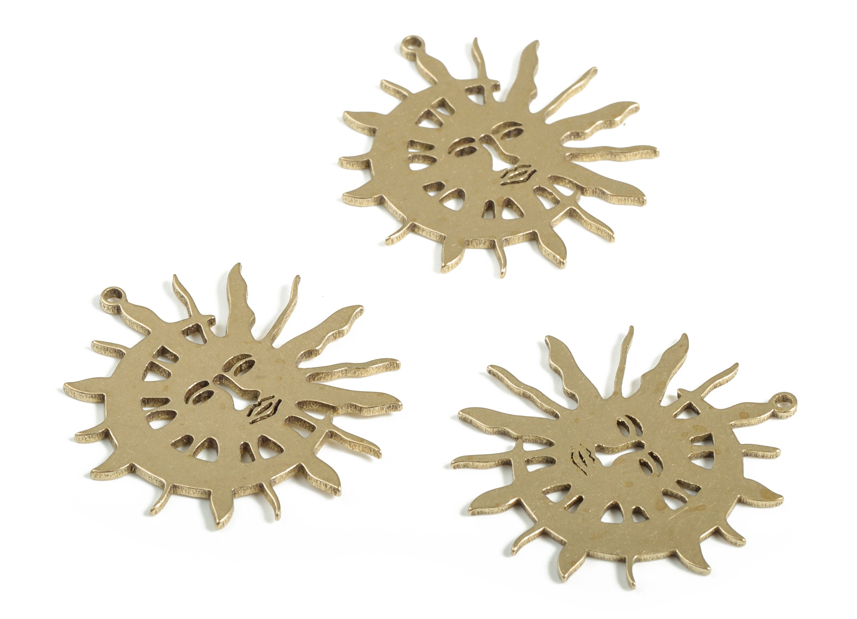 Brass Sun Star Face Pendants - Raw Brass Crescent Moon Charms - Brass Face Pendants - Jewelry Making Supplies -22.73x21.01x0.8mm - PP4165 - DOMEDBAZAAR