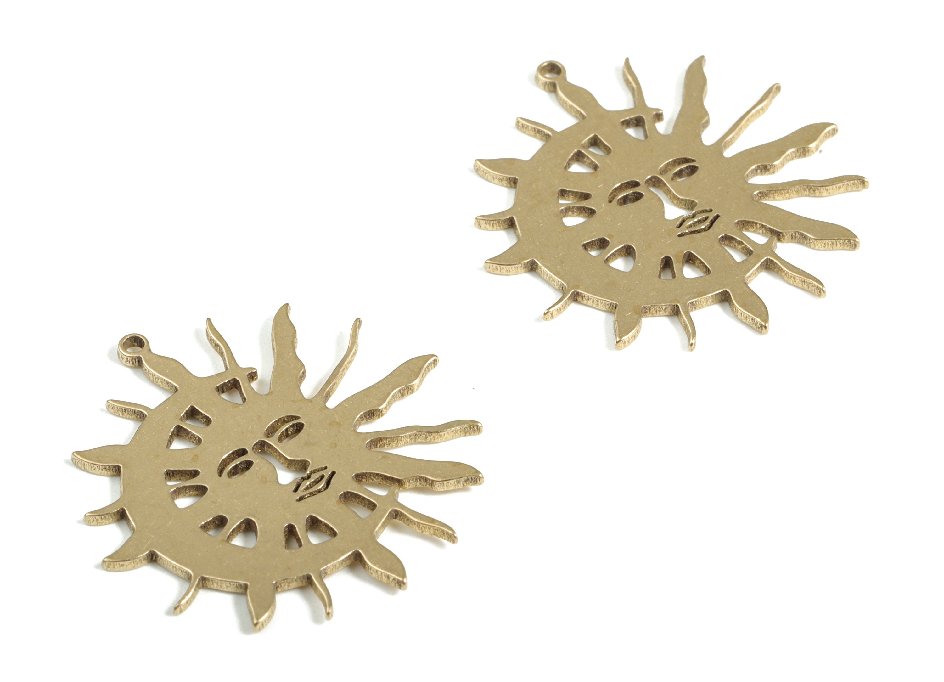 Brass Sun Star Face Pendants - Raw Brass Crescent Moon Charms - Brass Face Pendants - Jewelry Making Supplies -22.73x21.01x0.8mm - PP4165 - DOMEDBAZAAR