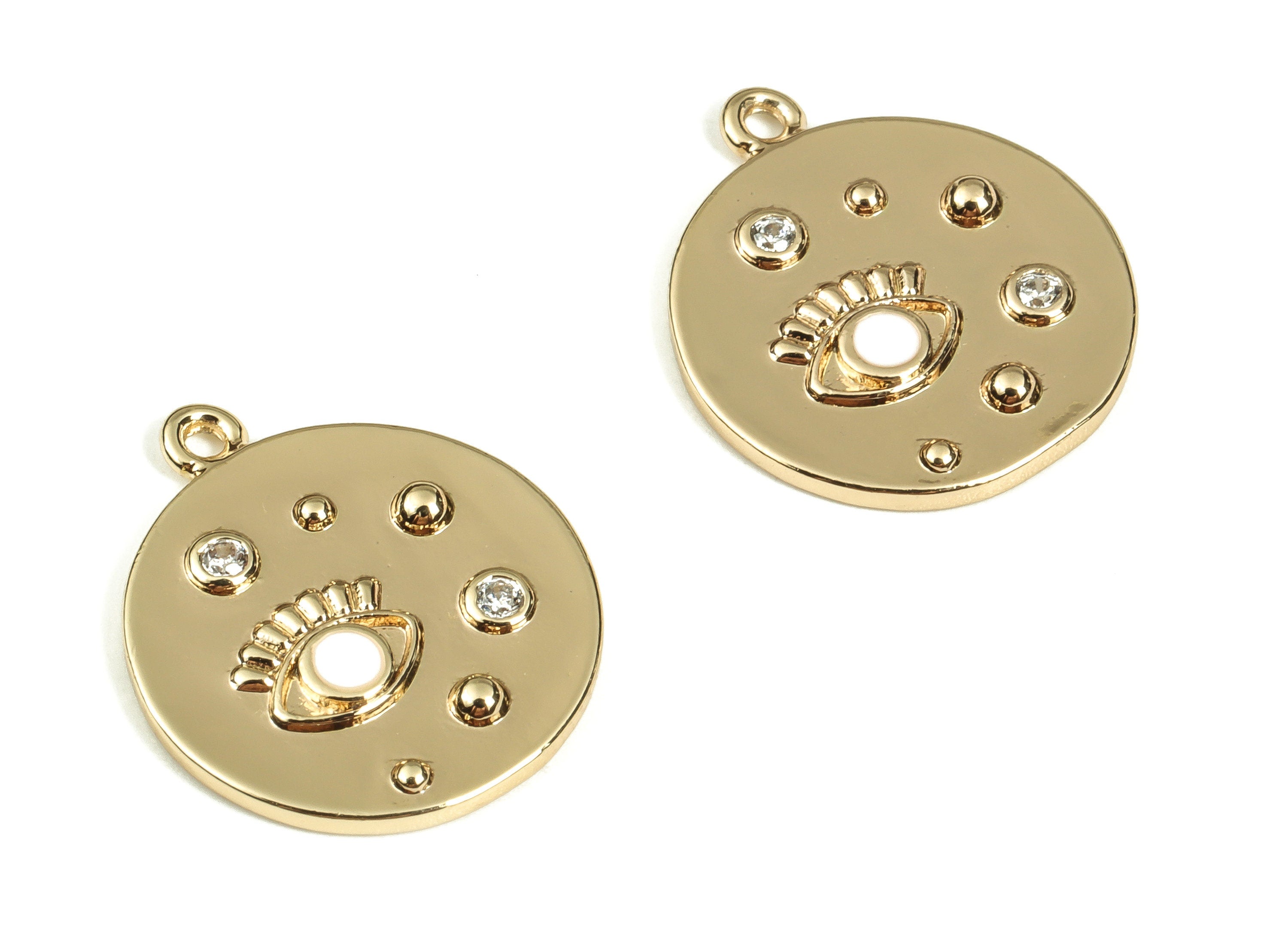 Brass Round Earring Charm with Zircon - Gold Eye Pendant Charm - Enamel Disc Charms - 18K Real Gold Plated Brass -16.5x14.25x1.7mm- RGP3521A - DOMEDBAZAAR
