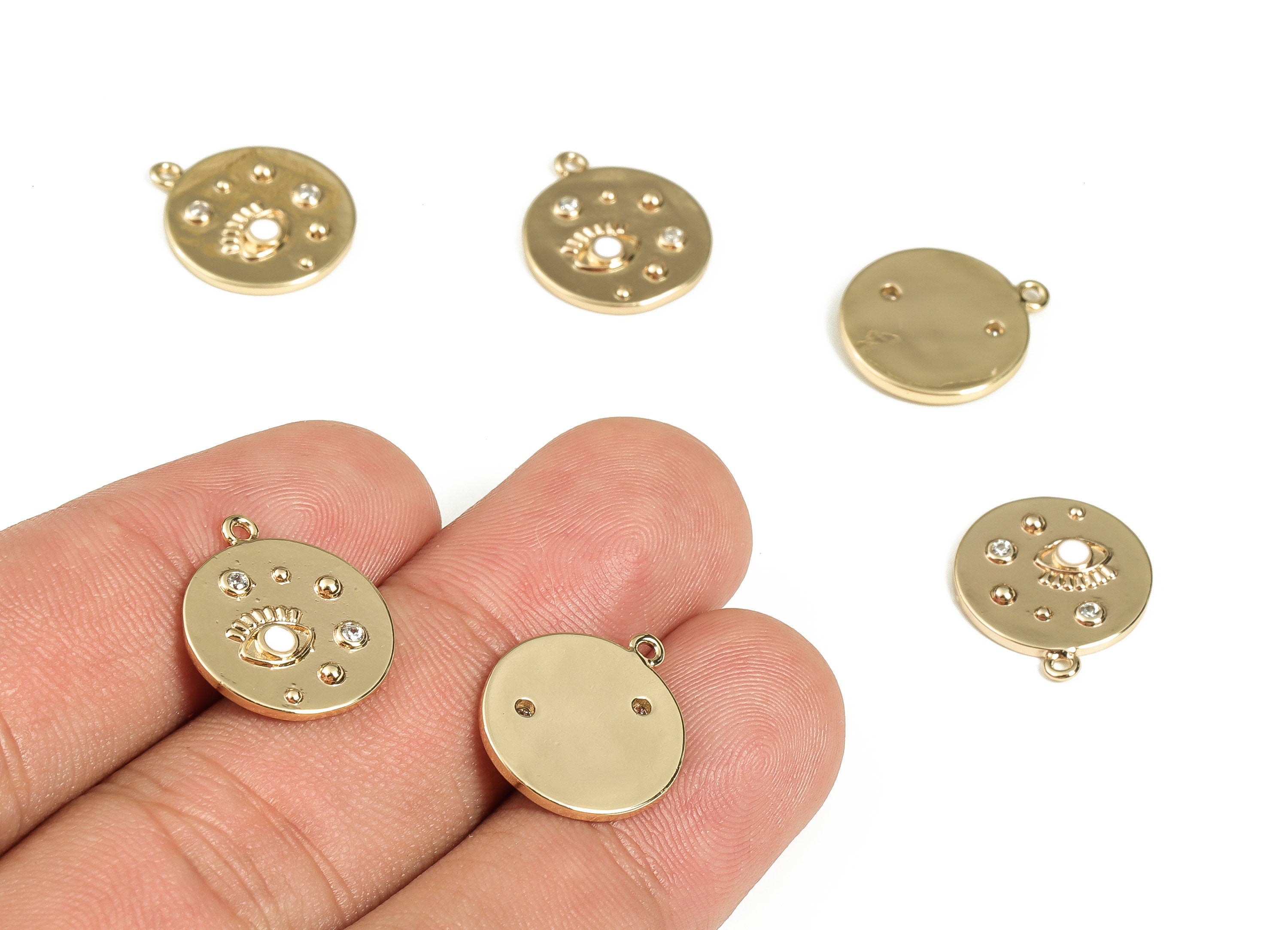 Brass Round Earring Charm with Zircon - Gold Eye Pendant Charm - Enamel Disc Charms - 18K Real Gold Plated Brass -16.5x14.25x1.7mm- RGP3521A - DOMEDBAZAAR