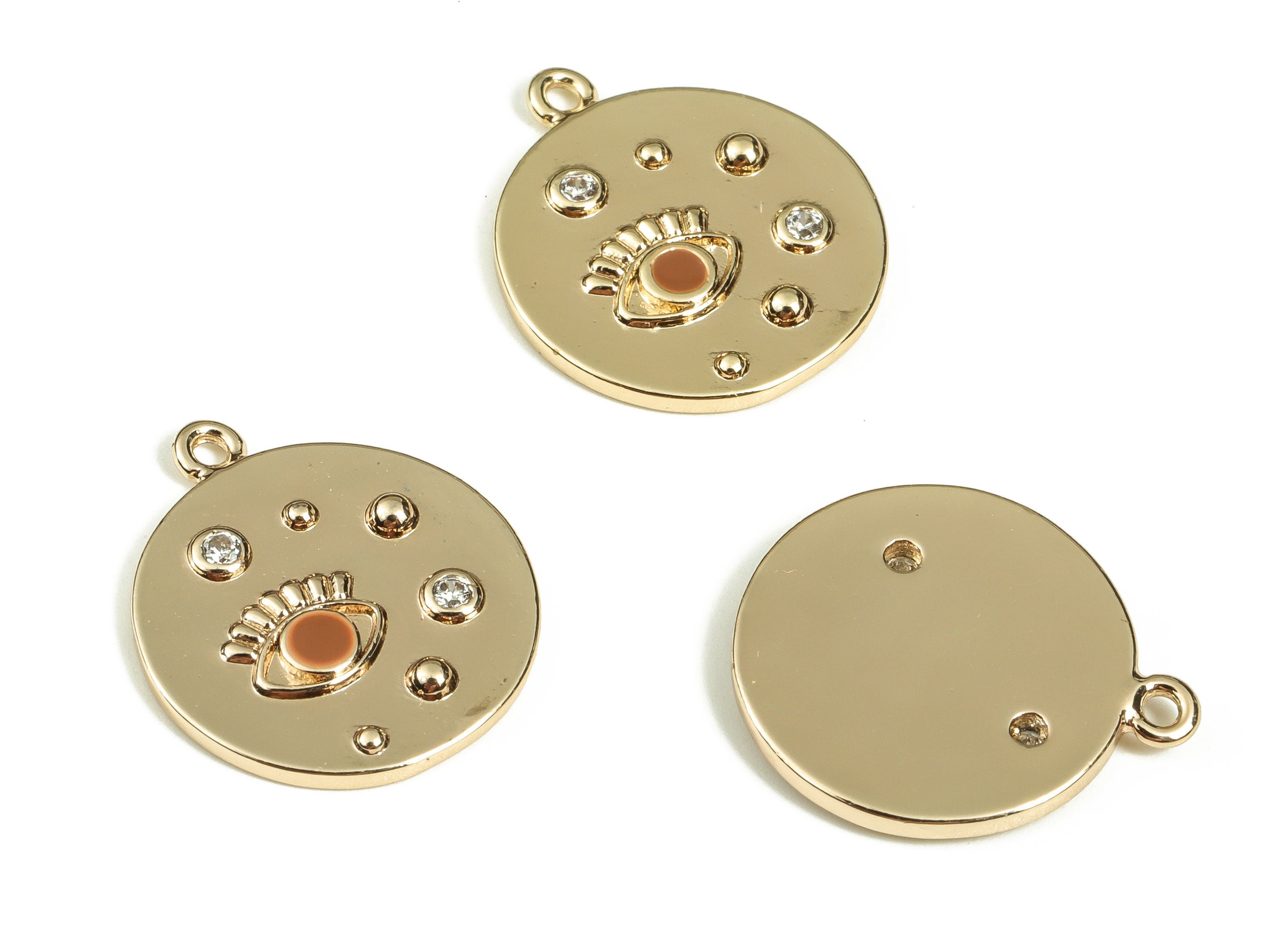 Brass Round Earring Charms With Zircons - Gold Eye Pendant - 18K Real Gold Plated Brass - Jewelry Supplies - 16.5x14.25x1.7mm - RGP3521F - DOMEDBAZAAR