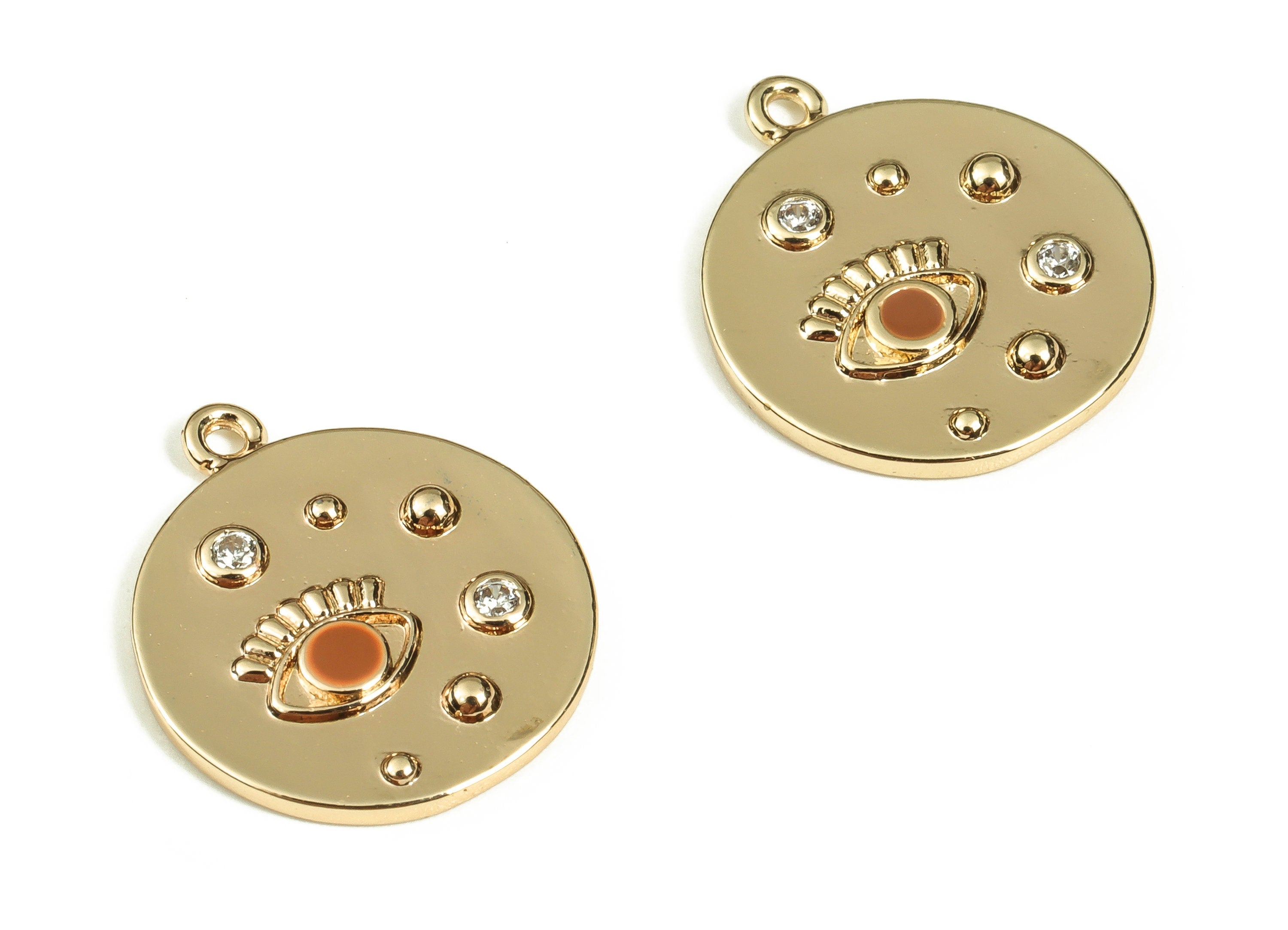 Brass Round Earring Charms With Zircons - Gold Eye Pendant - 18K Real Gold Plated Brass - Jewelry Supplies - 16.5x14.25x1.7mm - RGP3521F - DOMEDBAZAAR
