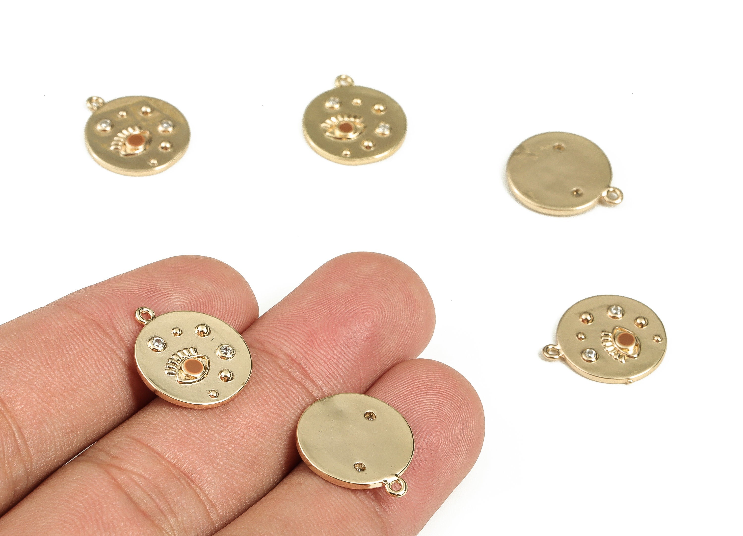 Brass Round Earring Charms With Zircons - Gold Eye Pendant - 18K Real Gold Plated Brass - Jewelry Supplies - 16.5x14.25x1.7mm - RGP3521F - DOMEDBAZAAR