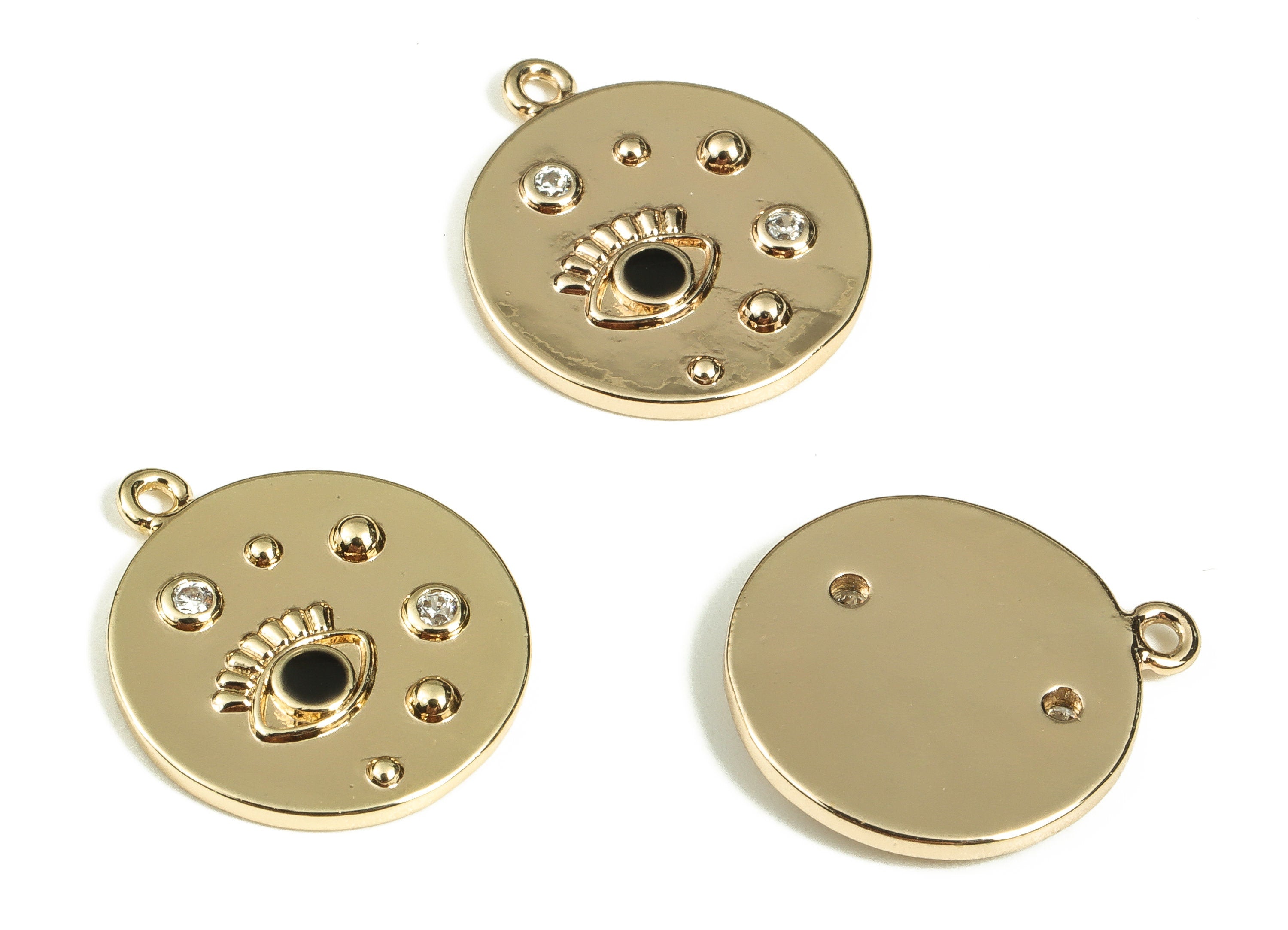 Brass Round Earring Charms With Zircons - Gold Eye Pendant - 18K Real Gold Plated Brass - Jewelry Supplies - 16.5x14.25x1.7mm - RGP3521G - DOMEDBAZAAR