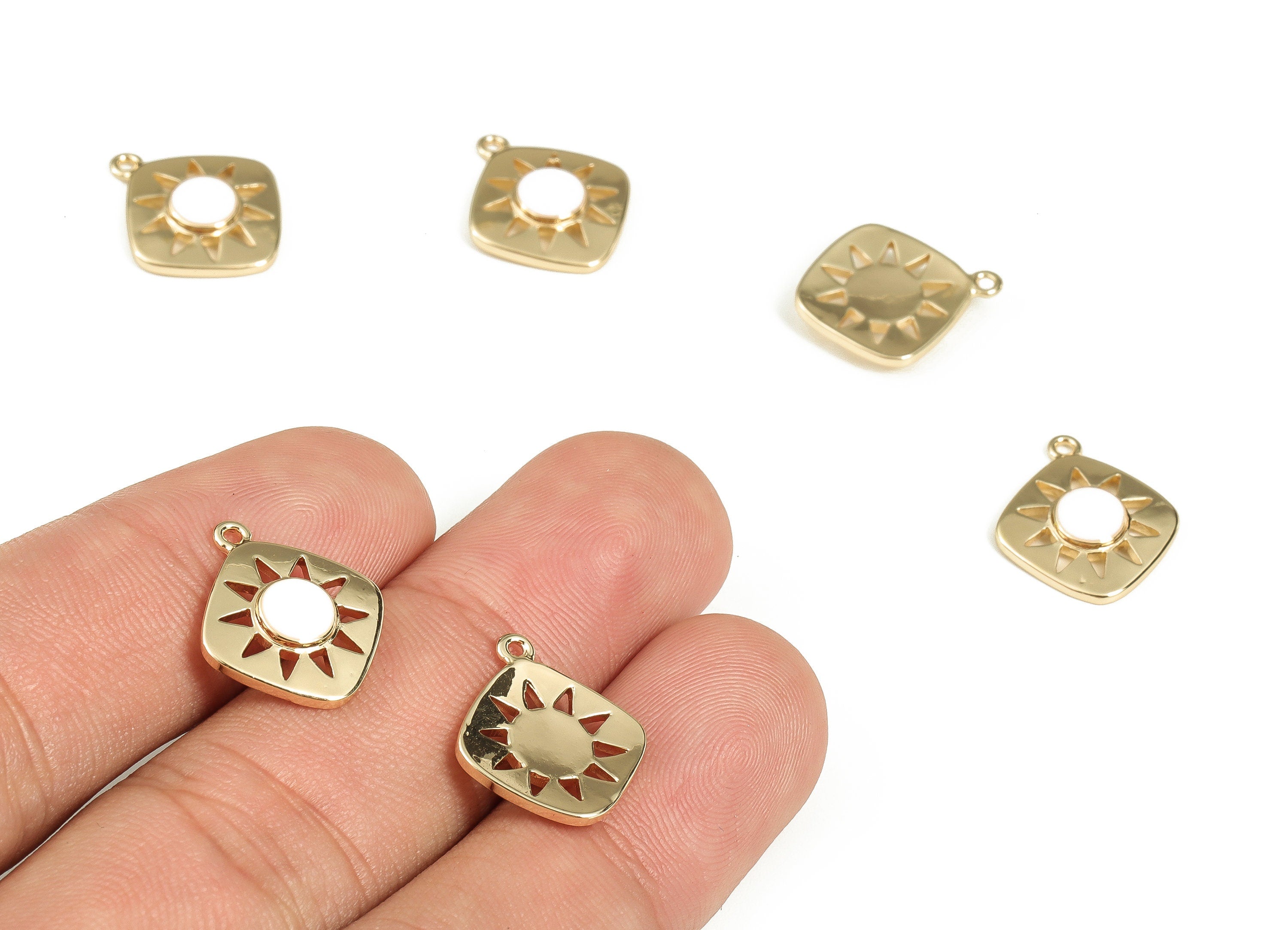 Brass Square Earring Charms - Gold Sun Pendant Charm - Enamel Charms - 18K Gold Plated Brass - Jewelry Supplies -16.5x14.2x2.6mm- RGP3528C - DOMEDBAZAAR