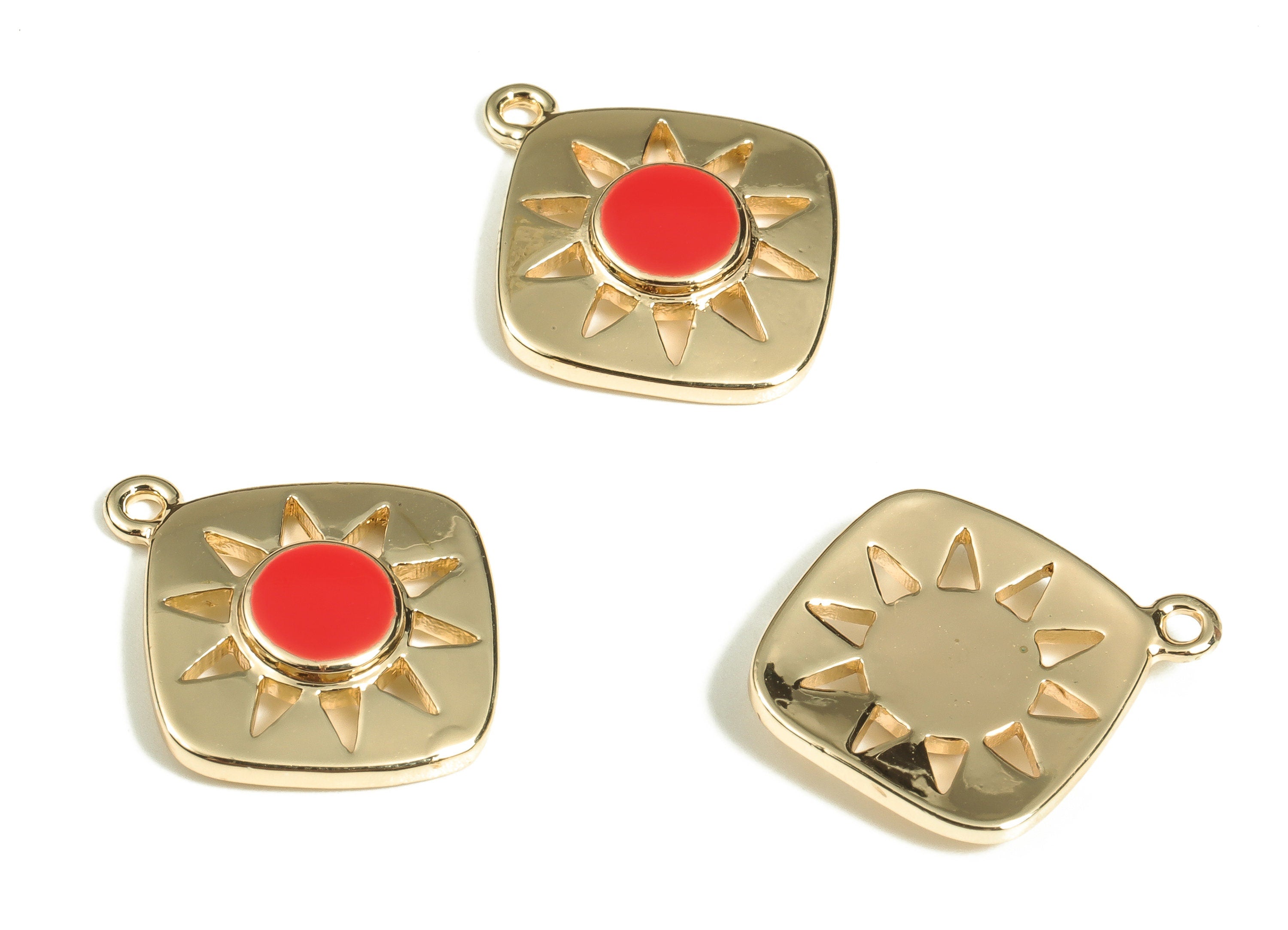 Brass Square Earring Charms - Gold Sun Pendant Charm - Enamel Charms - 18K Gold Plated Brass - Jewelry Supplies -16.5x14.2x2.6mm- RGP3528D - DOMEDBAZAAR