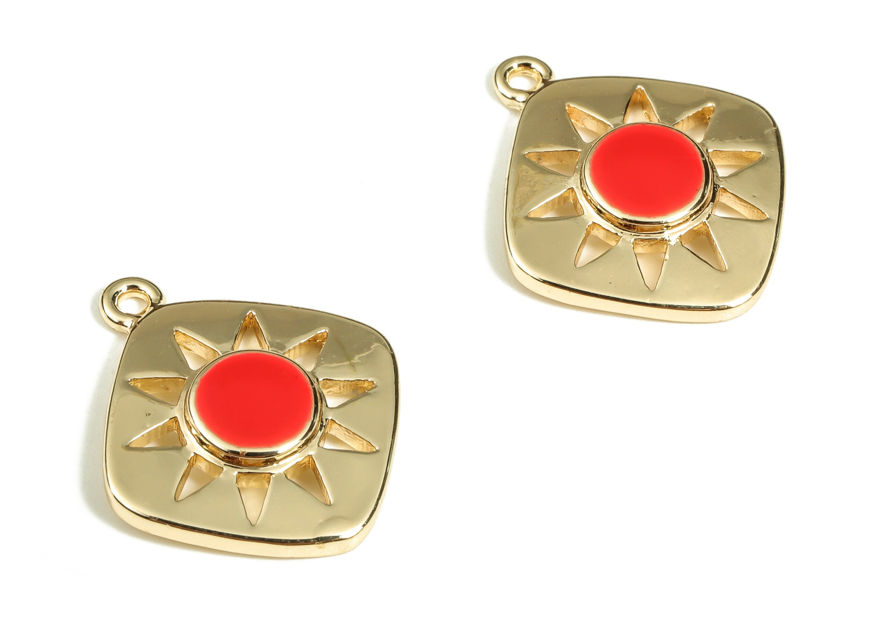 Brass Square Earring Charms - Gold Sun Pendant Charm - Enamel Charms - 18K Gold Plated Brass - Jewelry Supplies -16.5x14.2x2.6mm- RGP3528D - DOMEDBAZAAR